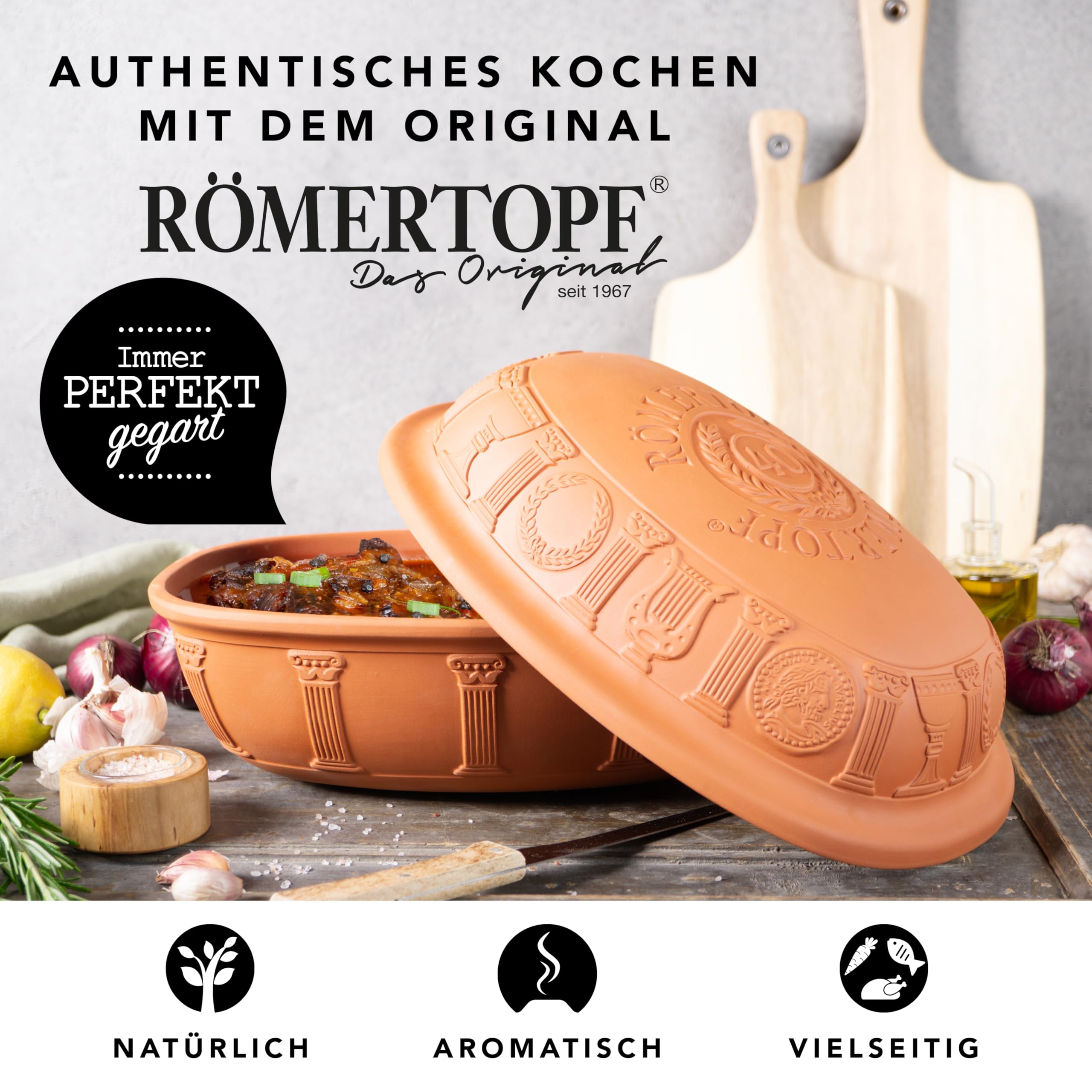 Römertopf JUBILÄUM - Cacerola para 6 personas (3,5 L, con tapa de cerámica, para guisar, asar y cocer al vapor, apta para horno
