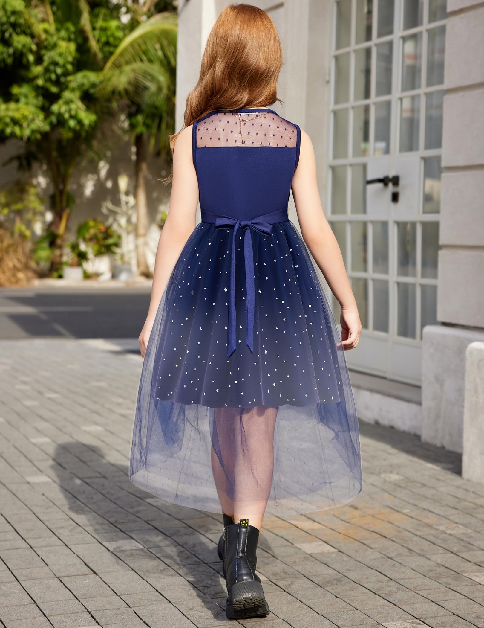 Arshiner Vestito da bambina, senza maniche, estivo, per feste, matrimoni, comunioni, damigelle, damigelle, ragazze, abito in tulle, con orlo asimmetrico e cintura, 6-15 anni