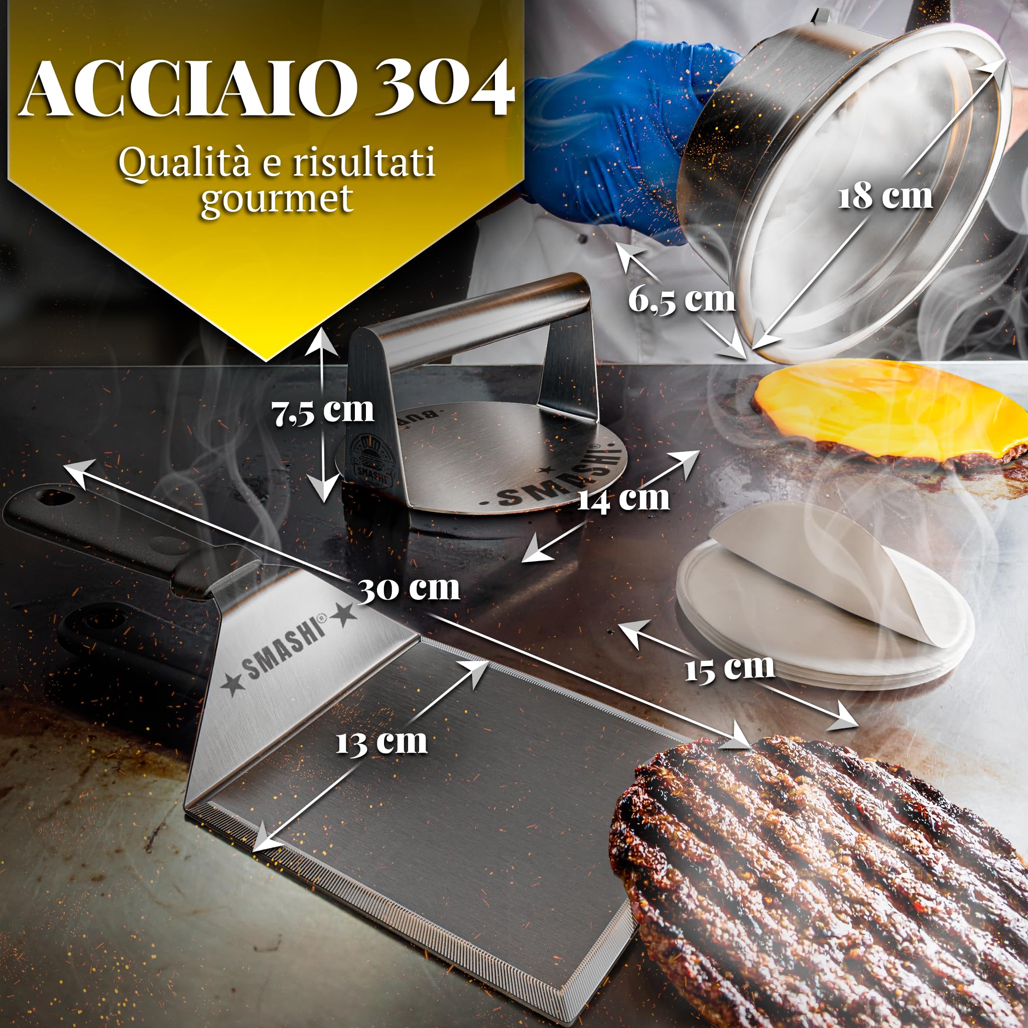 SMASHI® Kit Smash Burger – Smash Burger Press in Acciaio Inox 304 con Spatola, Cupola, 30 Fogli Antiaderenti – Kit BBQ Professionale per Smash Burger Fatti in Casa