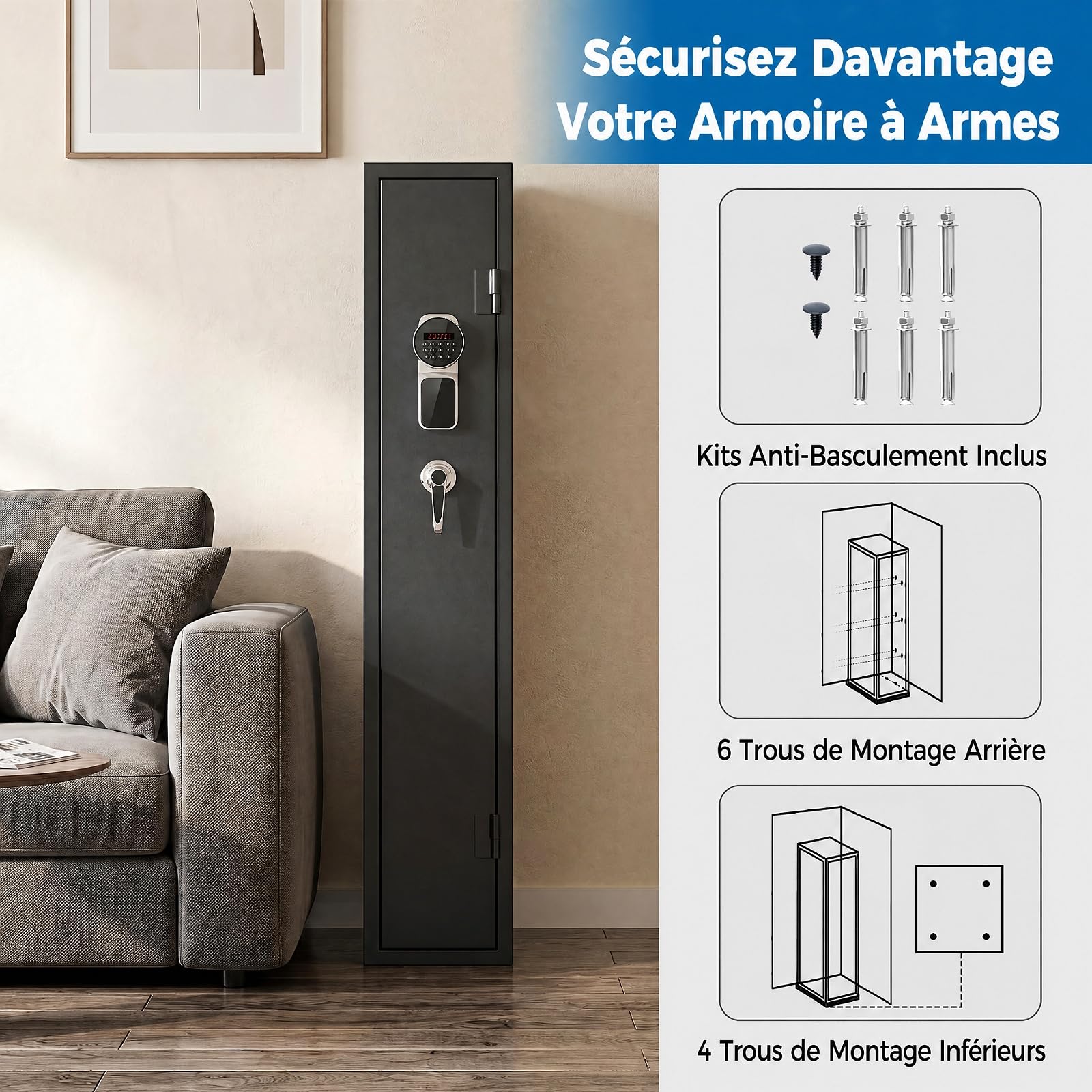 COSTWAY Armoire à Armes pour 8 Fusils, Coffre-Fort 2 Façons de Verrouillage | par Clavier Numérique et Clés, Fonction d'Alerte, Armoire à 8 Fusils, pour Fusils et Pistolets Domestiques, 25 x 22 x 132 cm