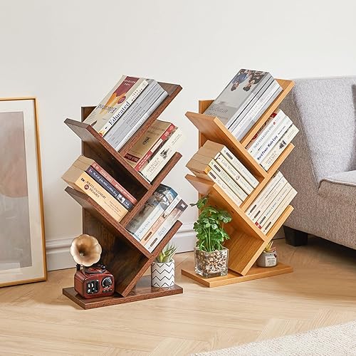 Miniatura 8 de YMYNY Estantería de árbol de 4 niveles, estantería pequeña, estante de almacenamiento de libros de madera moderna, estante independiente para