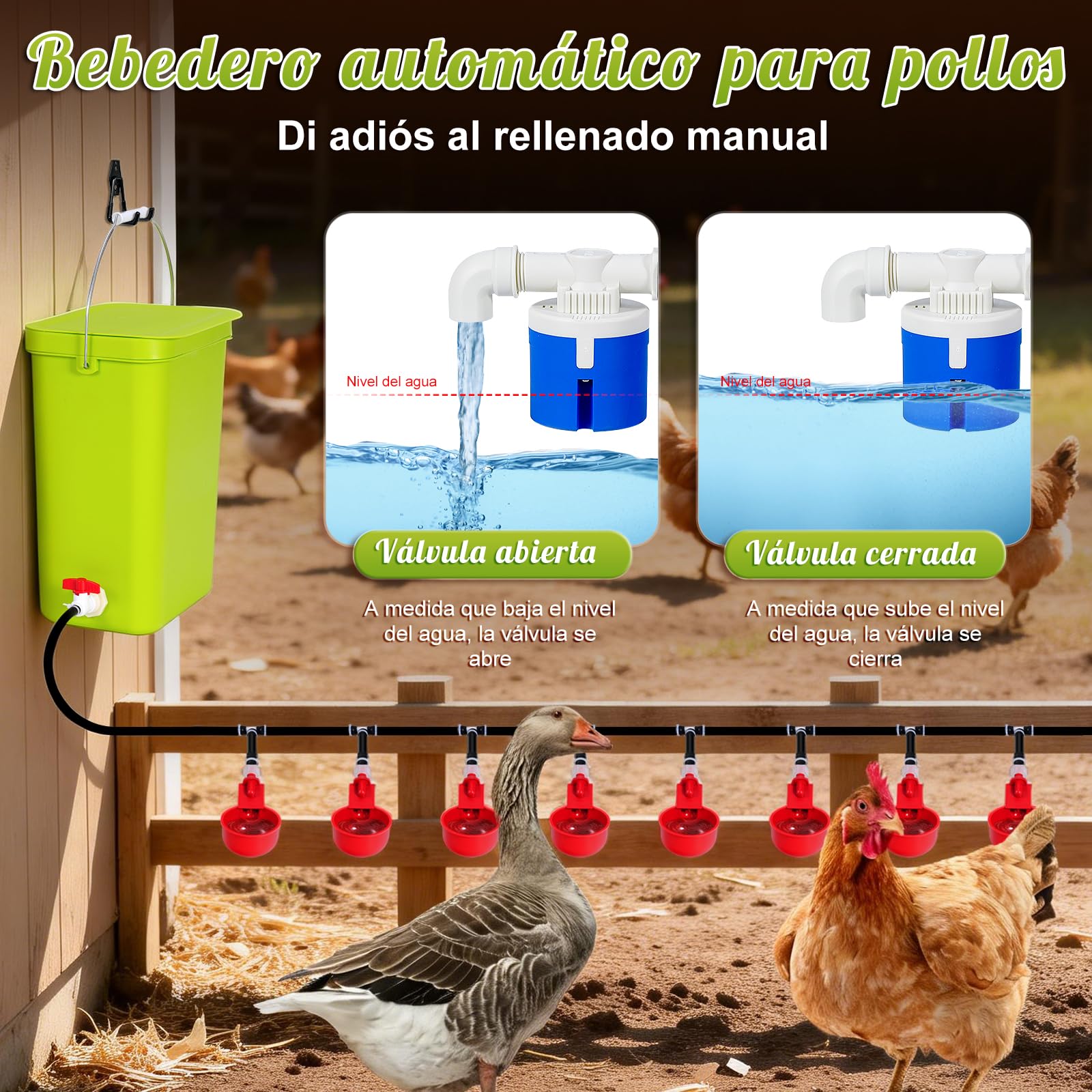 Kit completo de 12 litros de bebedero automático para pollos con válvula flotante, fuente de agua para aves con bebederos, bebedero para pollos, patos, gansos y codornices