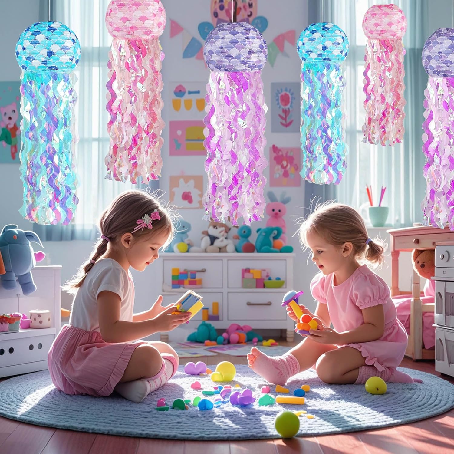 Glowing Jellyfish Lanterns for Under The Sea Party - 6-Pack with 36ft String, Color LED Light, Hanging Jellyfish Decor for Mermaid Birthday, Ocean-Themed Party Decorations