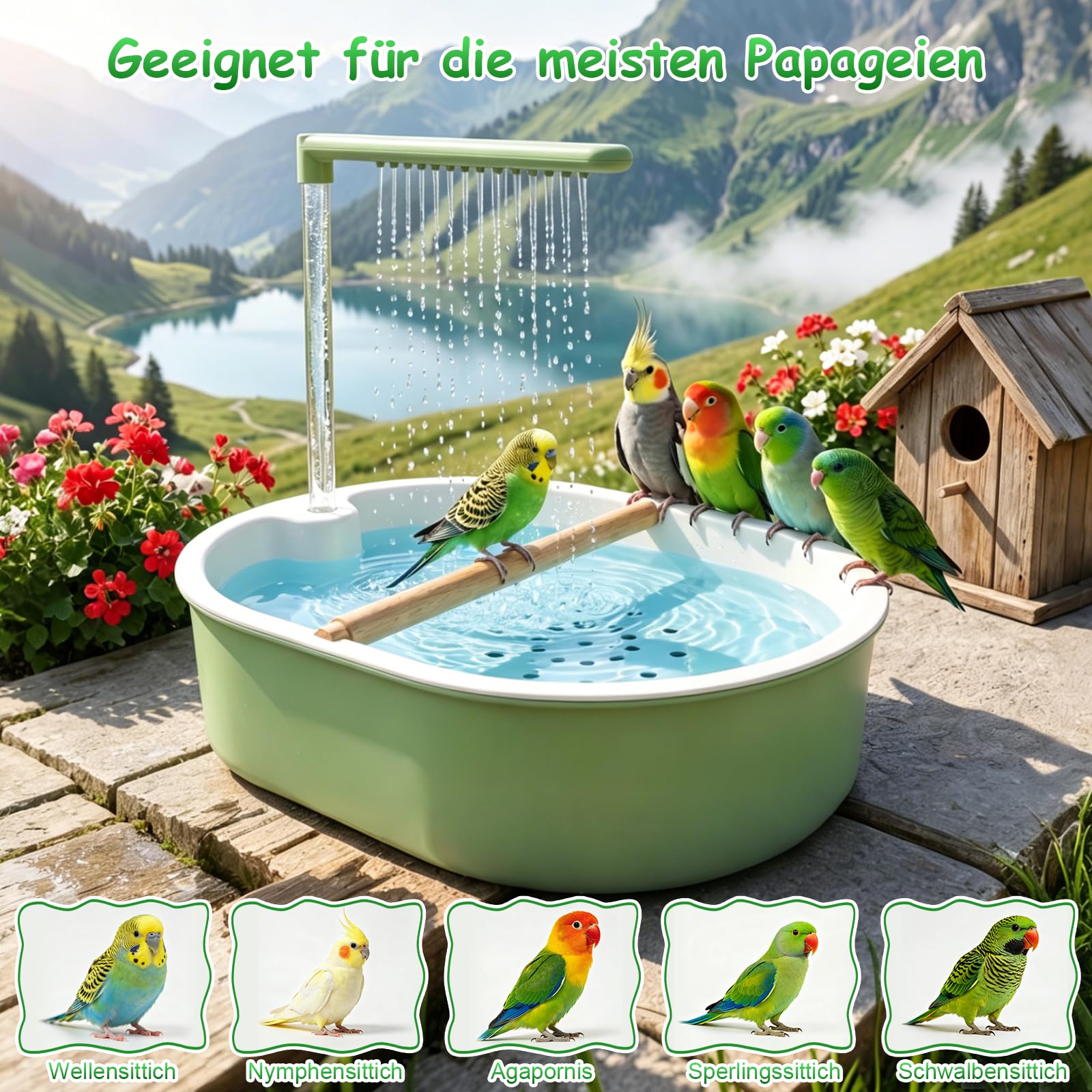 Ptasznic dla papużek falistych dla papużek nimfowych - Bird Shower Budgie automatyczna kąpiel dla ptaków, przyłącze zasilania USB, prysznic z wodospadem i obiegiem wody, do papużek falistych i nimf