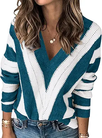 PRETTYGARDEN Sweaters for Women 2025 Long Sleeve Striped Knitted V Neck Pullover Jumper Tops Fall Outfits Fashion Clothing