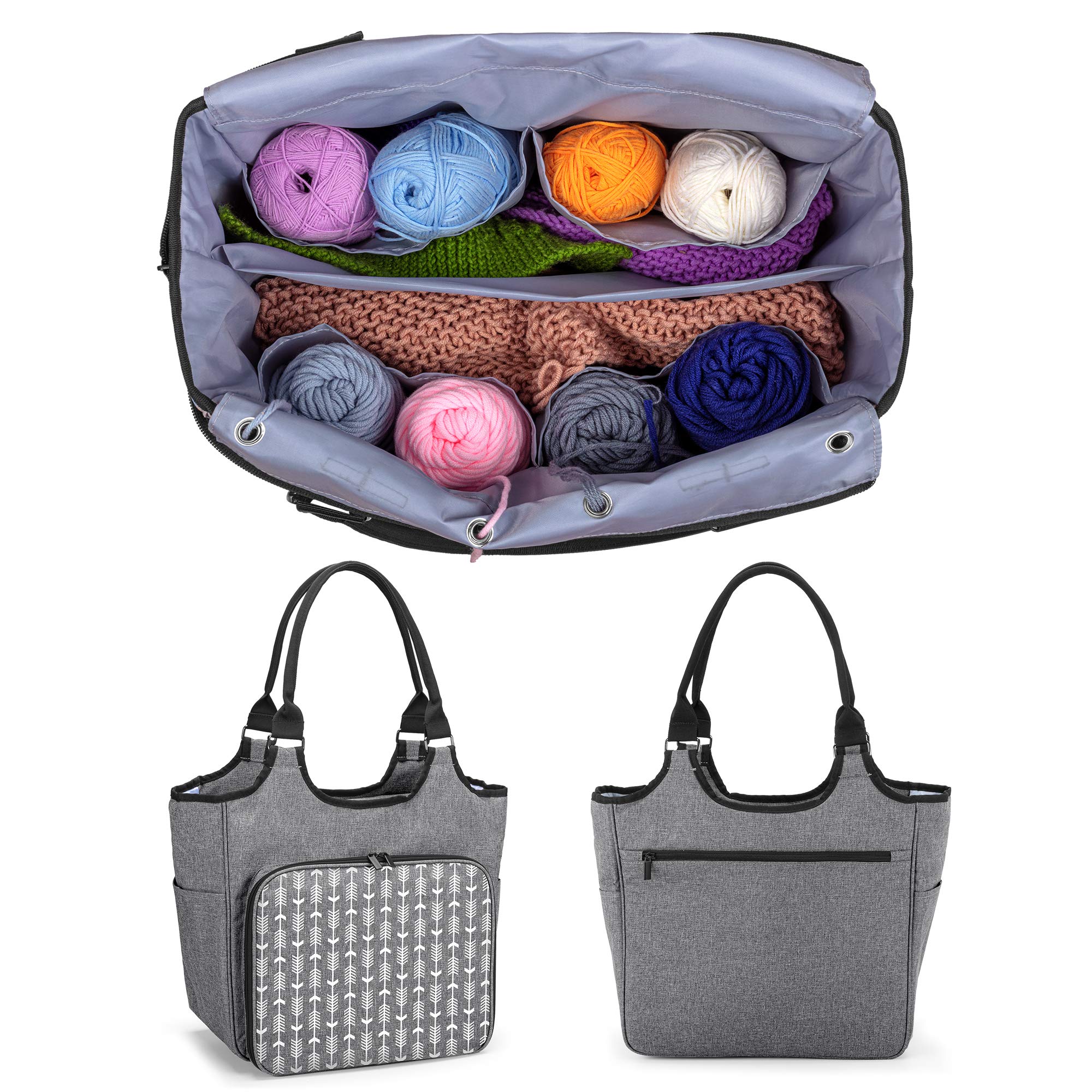 Yarwo Stricktasche zur Aufbewahrung von Wolle, Tasche für Wolle, Aufbewahrungstasche für Häkelnadeln Sets und Stricken Zubehör, Grau mit Pfeilmuster(PATENT ANGEMELDET) | 2 Hauptfächer mit 4 Taschen, 4 Ösen für Garn, Fronttasche, Rücktasche, 2 Seitentasche