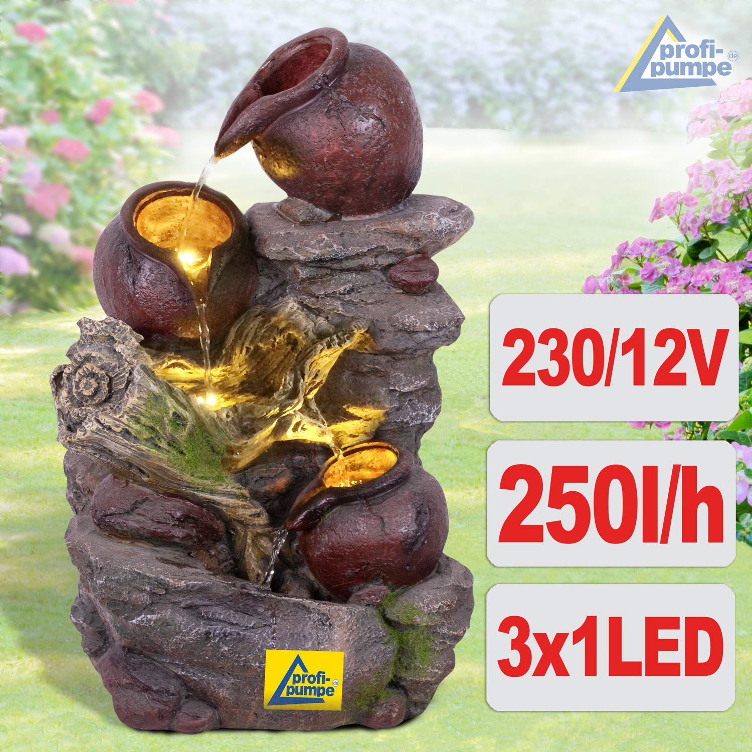 Fontana da giardino, fontana, fontana decorativa, fontana da interni, fontana con luce a LED, 230 V, gioco d'acqua per giardino, laghetto da giardino, terrazza