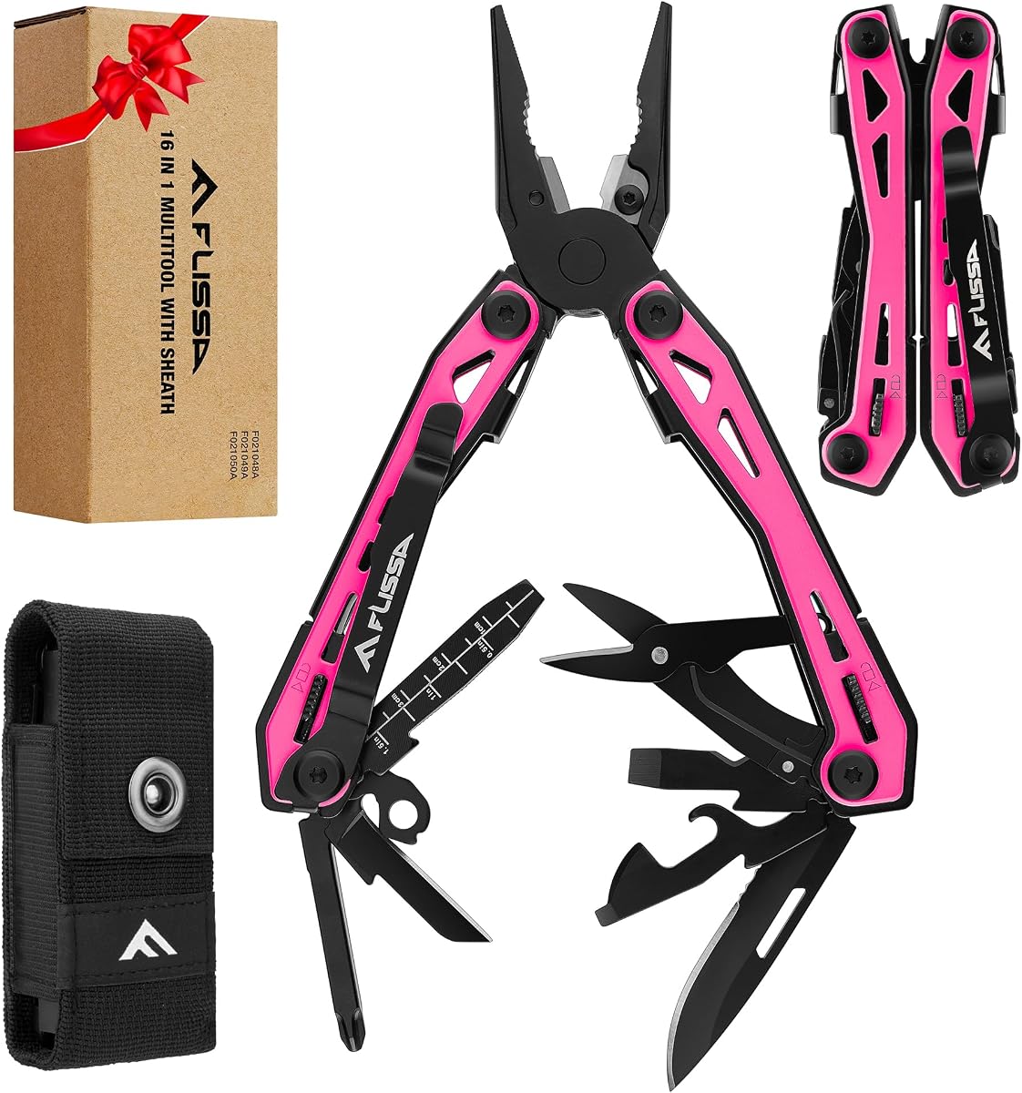 FLISSA 16-In-1 Multi-Tool Pliers, EDC Multitool, Multipurpose Tool, Pink | Gift for Men, Stainless Steel, Pocket Knife, Belt Clip, Oxford Pouch, Safety Locking, For Camping, Survival & Outdoor