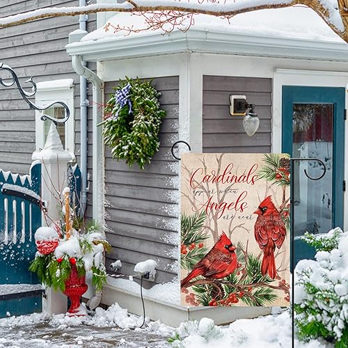 Miniatura 6 de Hzppyz Cardinal Appear When Angels are Near Winter - Bandera para jardín, pájaro rojo, bayas, pino, rama decorativa de casa, patio, cementerio al