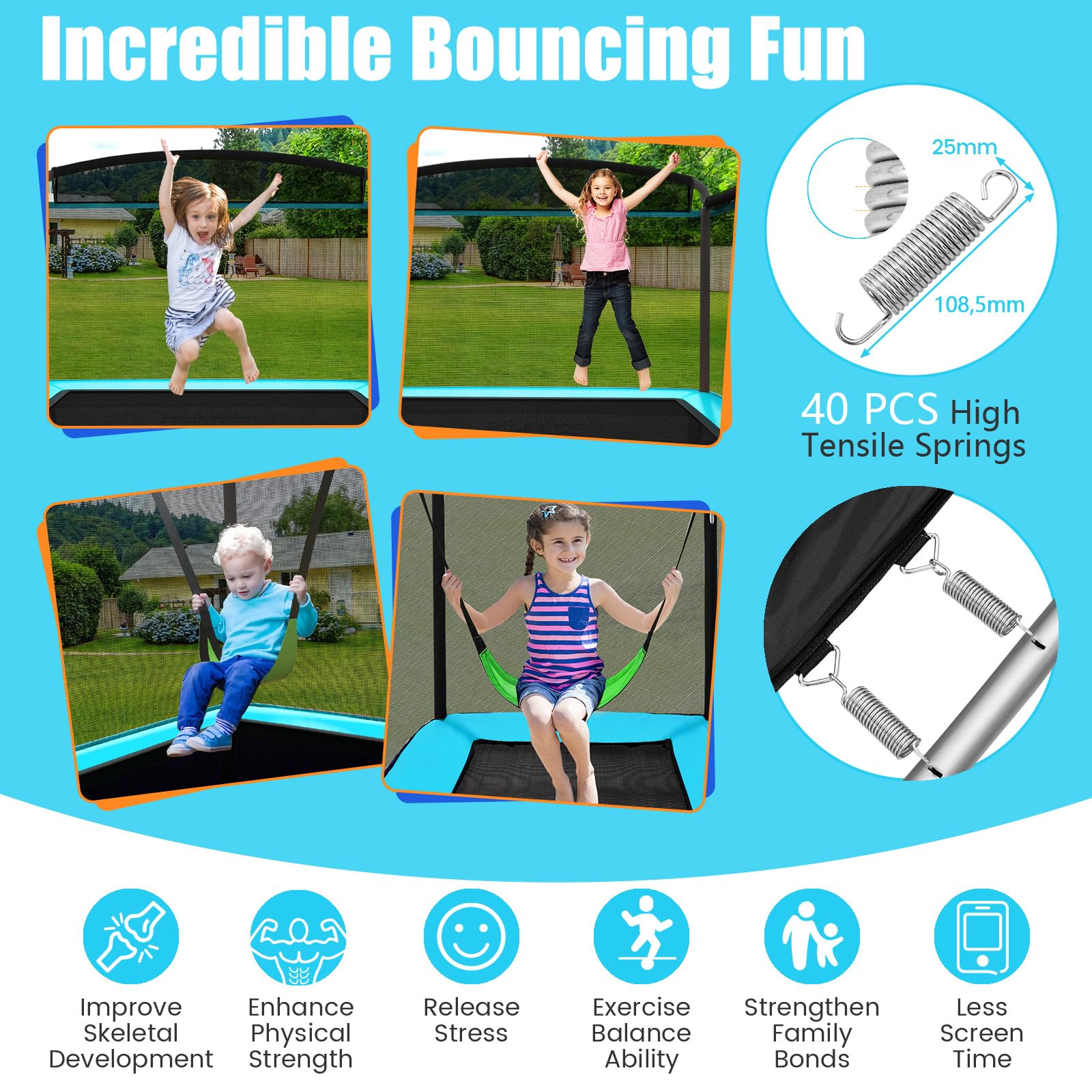 KOMFOTTEU Trampolino Elastico per bambini con Altalena, Rete di Sicurezza, Trampolino Rettangolare Portato 100 kg, Tappeto da Salto all'Aperto, Tappetino per Saltare, 190x122x210 cm
