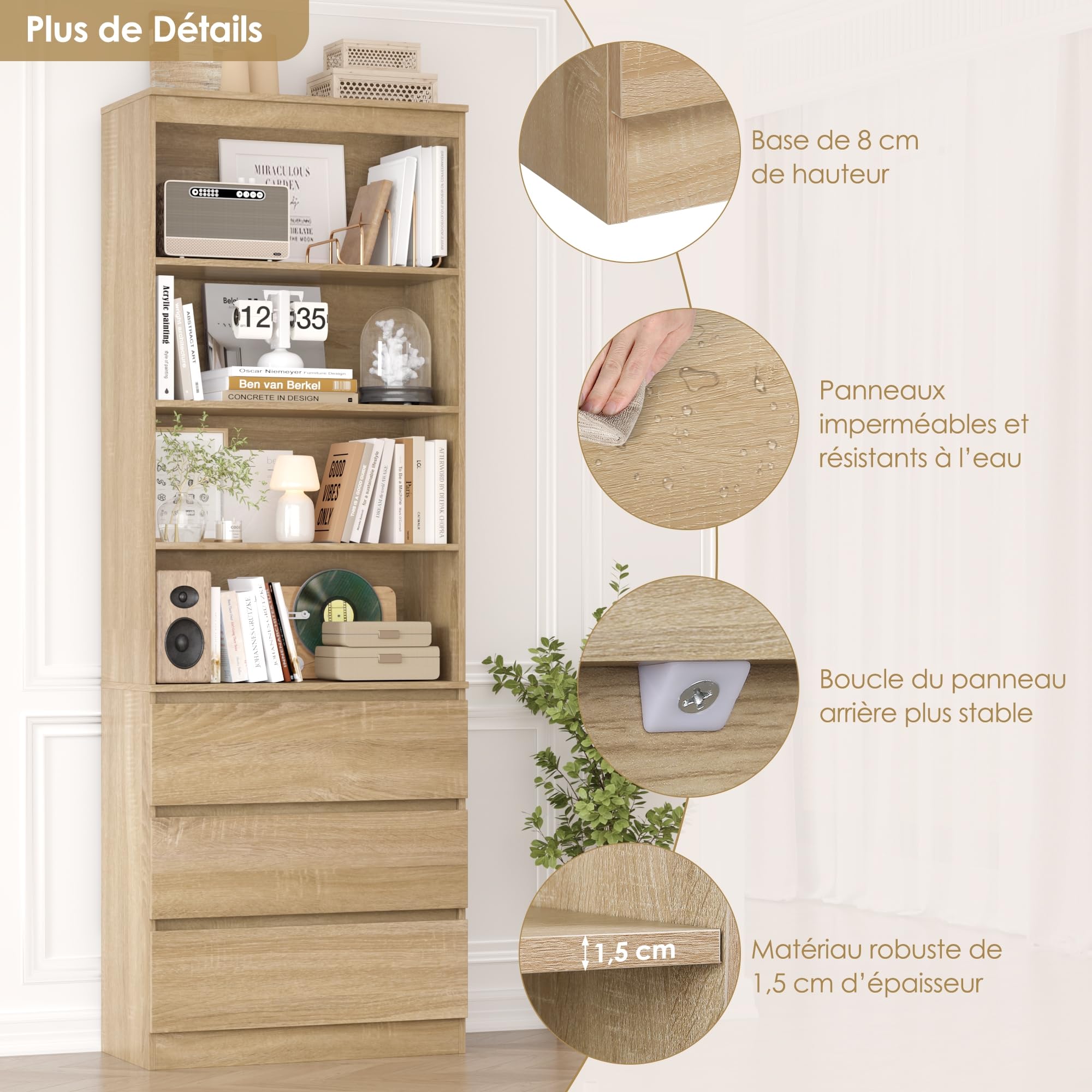 FirFurd Bibliothèque Meuble de Rangement 202cm avec Tiroirs Étagères Chêne | 202x60x35cm, 3 tiroirs fermé, Étagères réglables, Bibliotheques étagere rangement pour salon bureau, Gain de place, Moderne