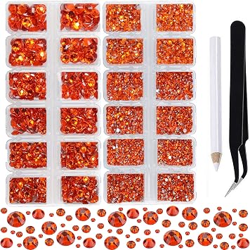 2-Box Massive Beads 8000pcs 6Sizes Nail Art Flatback Glasses Rhinestones Crystal for DIY Project with Tweezers and Picking Pen for Nail Art, Face Art, Manicure Orange, 6 Sizes