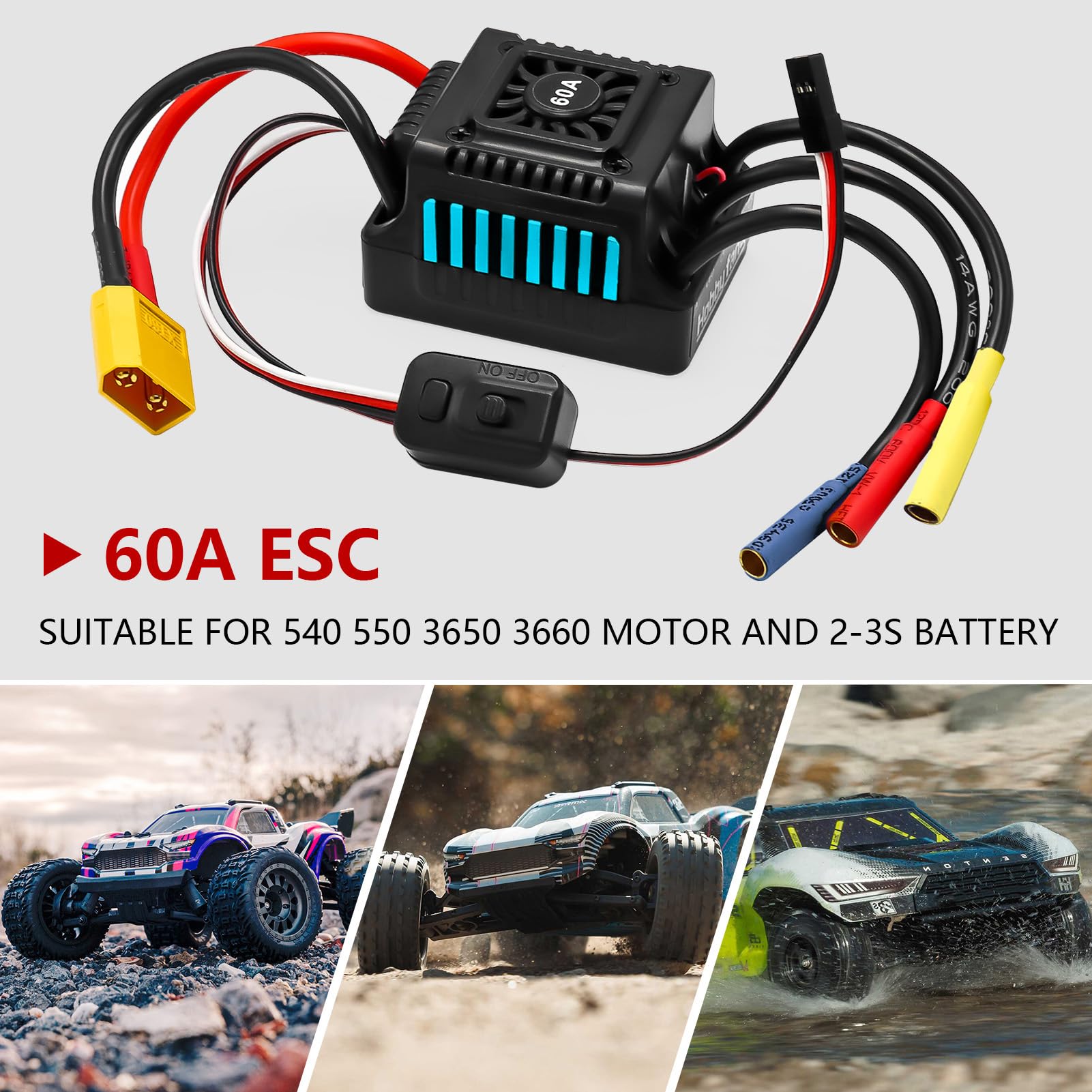 Controlador de velocidad electrónico ESC 2-3S sin escobillas de 60 A, impermeable, ESC para control remoto 1/10 de coche y camión (azul)