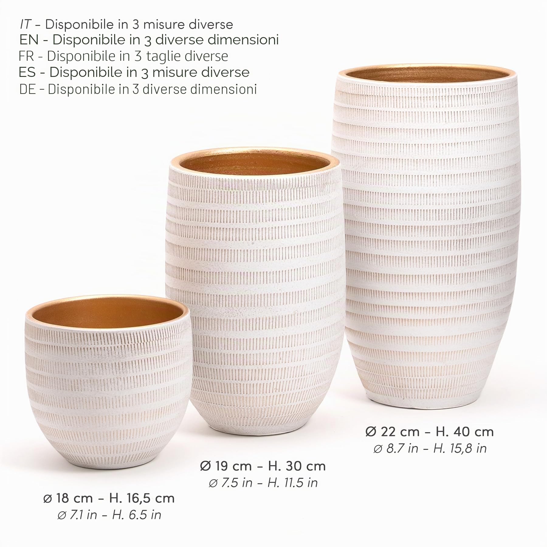 Grande e Elegante VASO in Terracotta, | Decorato con Interni Dorati | D.19 cm – H.30 cm | Vaso Decorativo Moderno per Piante, Fiori, Piante grasse, Sansevieria | da Interno o Esterno. (D.19 - H.30 cm)