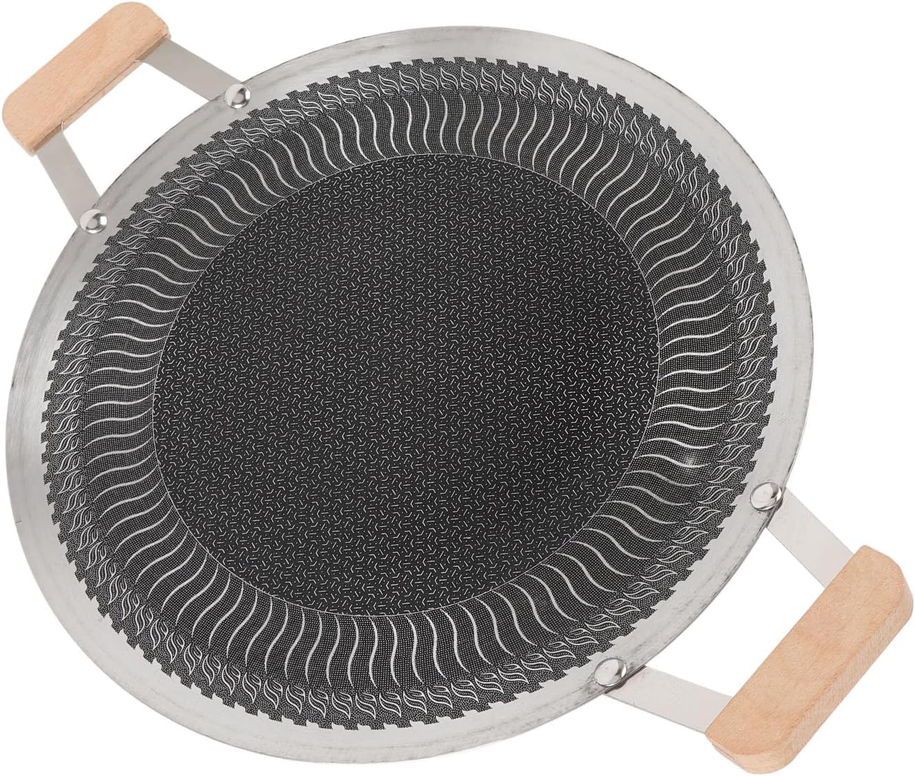 Korean Grill Pan, Stainless Steel Nonstick BBQ Griddle with Wooden Handle, Perfect for Induction Cookers, Gas Stoves, Camping and Outdoor Cooking (38cm)