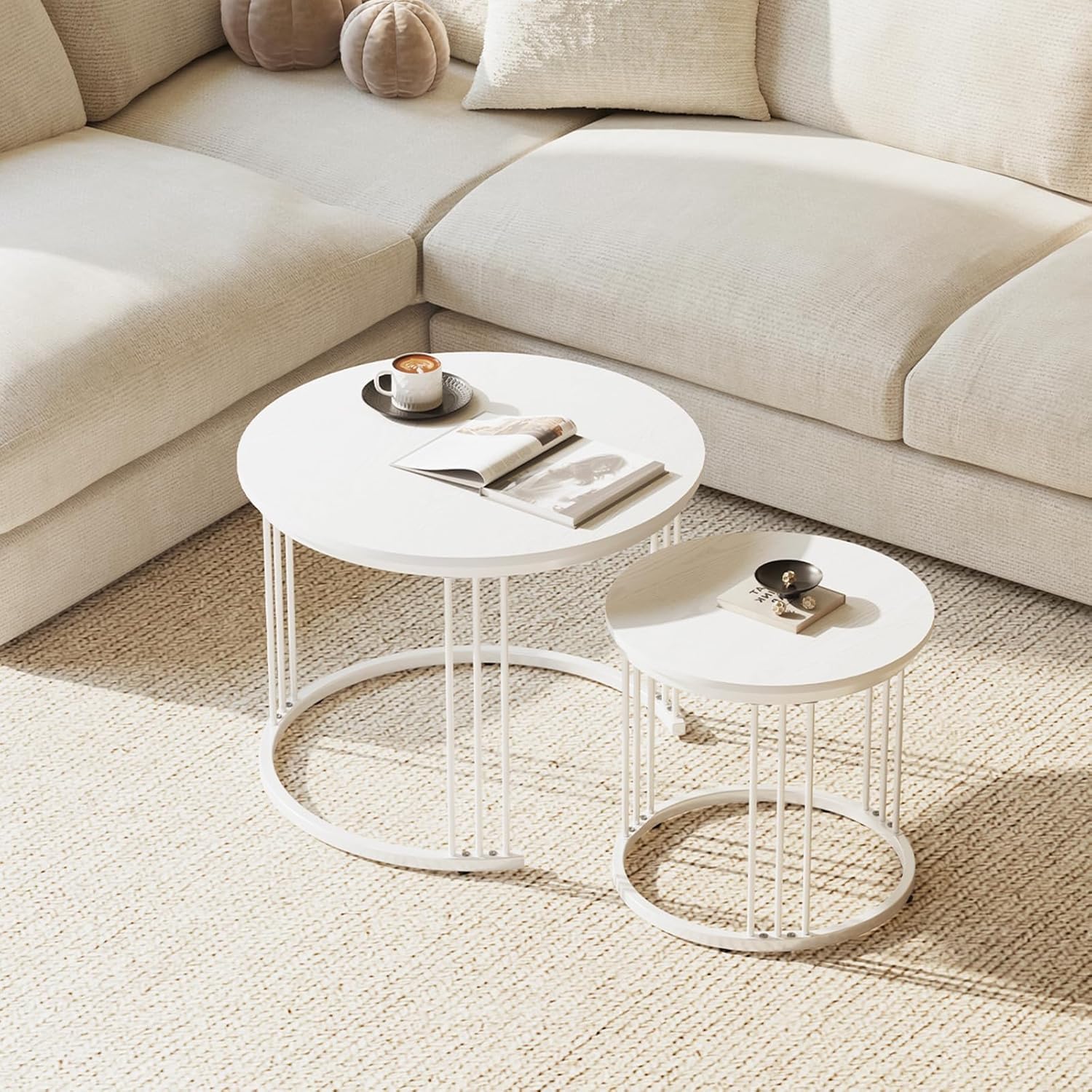 Garden 4 you Couchtisch Rund, Satztisch 2er Set, Wohnzimmertisch Modern, Couchtisch aus Holz, Beistelltisch Set Rund, Kaffeetisch, Sofatisch, Tischkombination fürs Wohnzimmer Büro Balkon (Weiß)