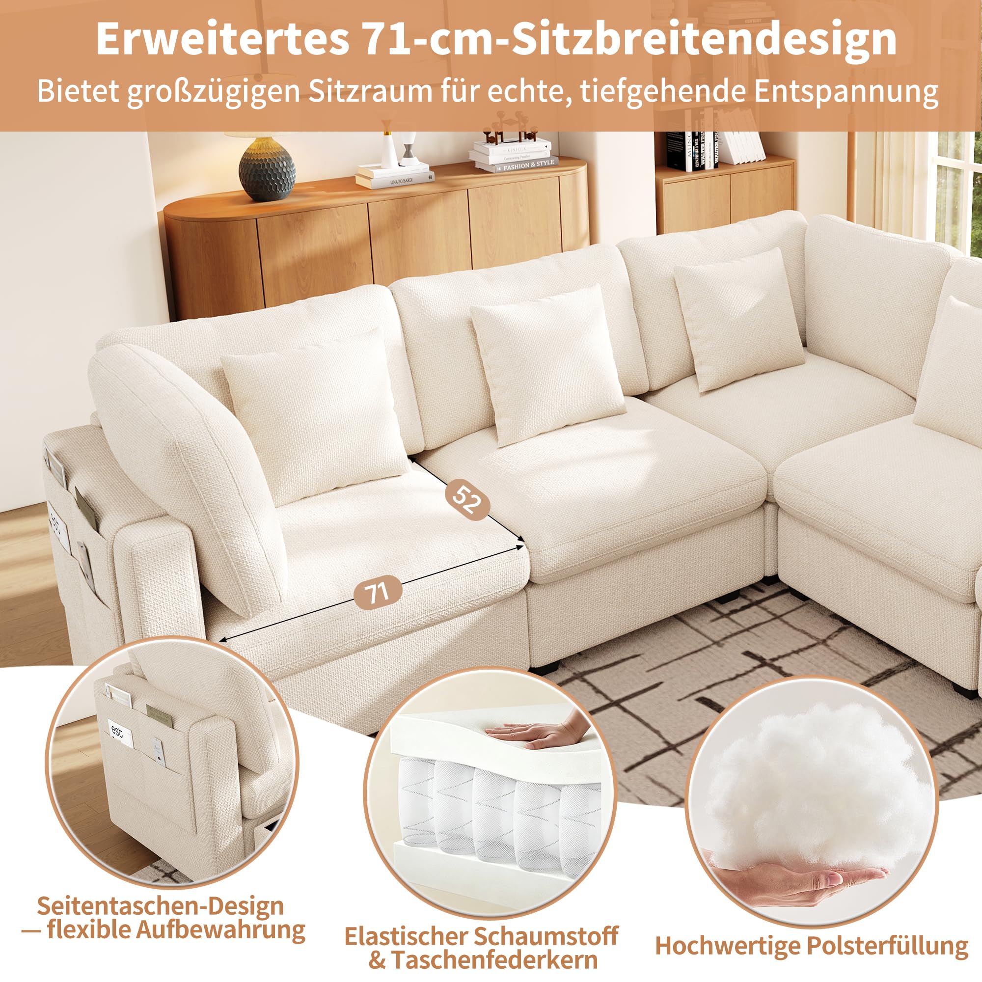 Idemon Sofá esquinero XXL en forma de L, sofá modular de 6 plazas con función de descanso, reposapiés móvil con espacio de almacenamiento y bolsillos laterales, incluye 5 cojines decorativos; tela de