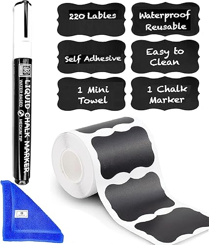 Rollo de etiquetas de pizarra para frascos, 220 unidades, forma ondulada, etiquetas adhesivas de tiza reutilizables impermeables para contenedores