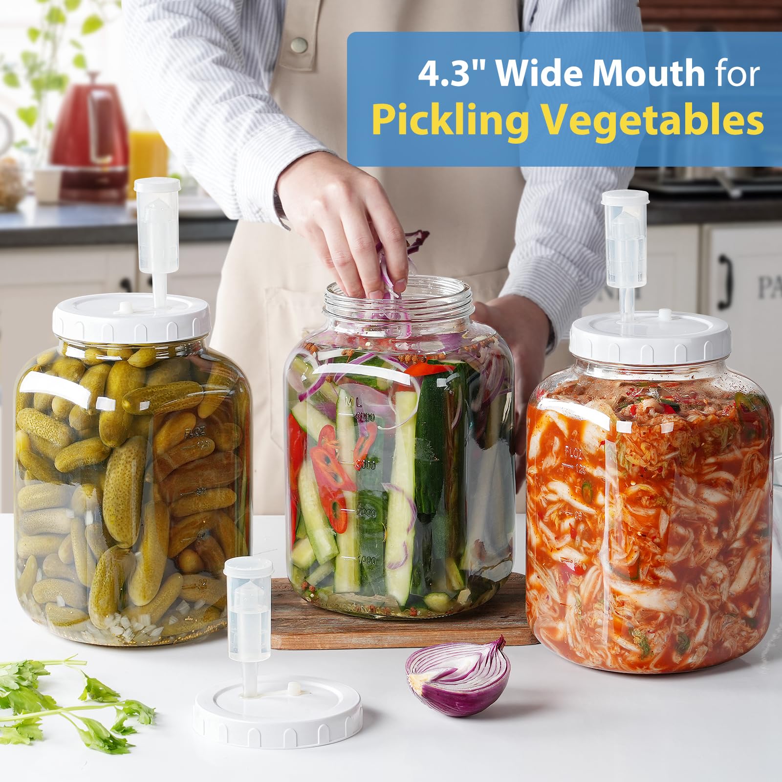 Lot de 2 grands bocaux de fermentation en verre de 5 litres avec couvercle 100 % hermétique et 3 sas, bocal Mason à large ouverture avec ligne graduée pour brassage maison, cornichons, légumes,