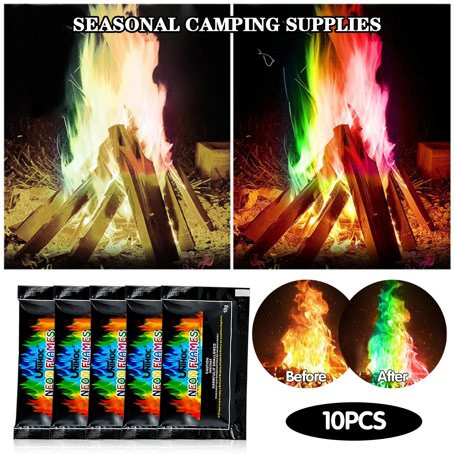 Kolorowy proszek do ognia, magiczny neonowy płomień, magiczny płomień, 10 x 10 g Magic Fire Powder, kolorowy ogień, na Boże Narodzenie magiczny proszek, kolorowy płomień do kominka w proszku do