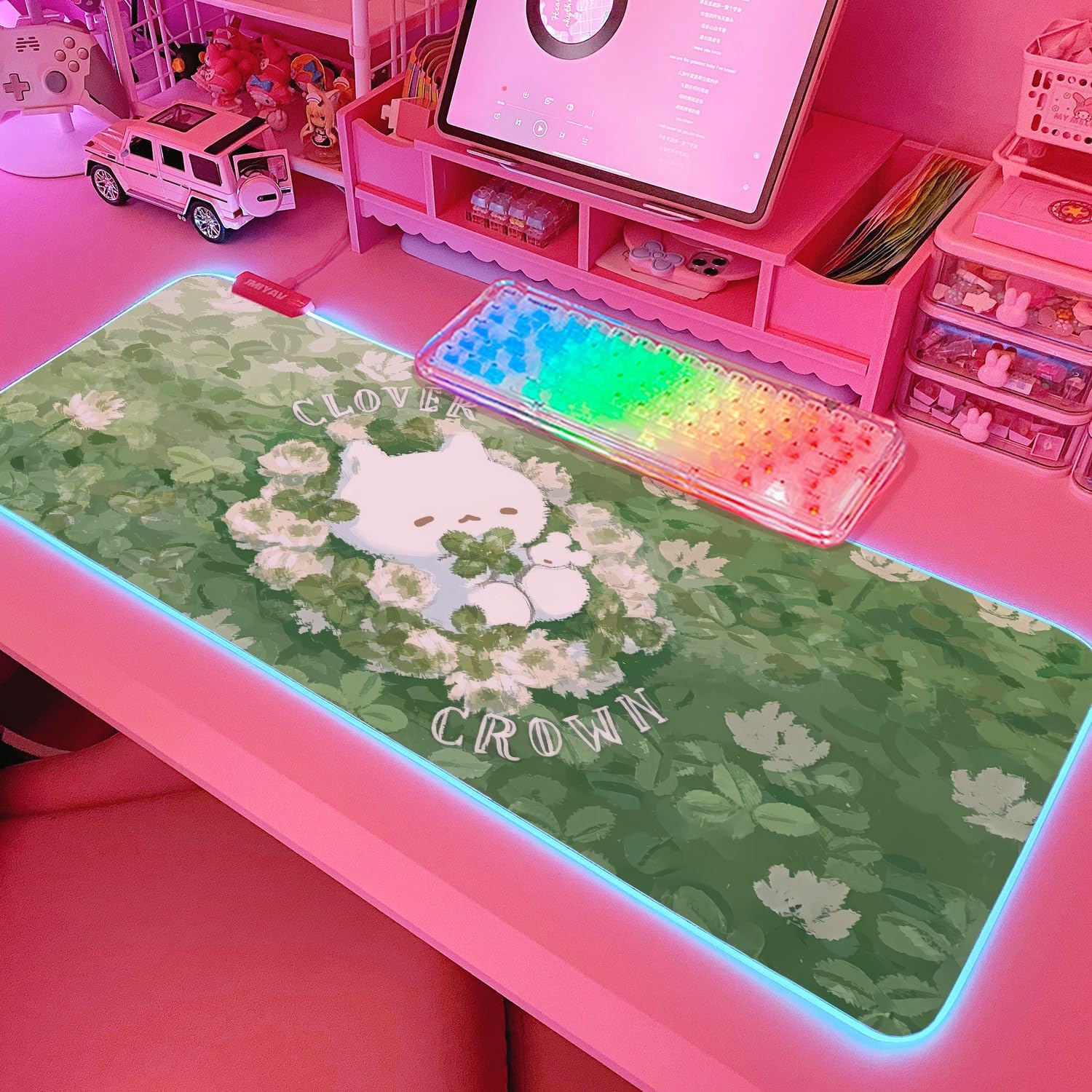JMIYAV Pink RGB Gaming Mouse Pad 31.5x12 Inch PC XL Large Extended Glowing Led Light Up Desk Pad Non-Slip Rubber Base Computer Cute Mousepad Mat Desk Accessories Gaming Setup 64-1013