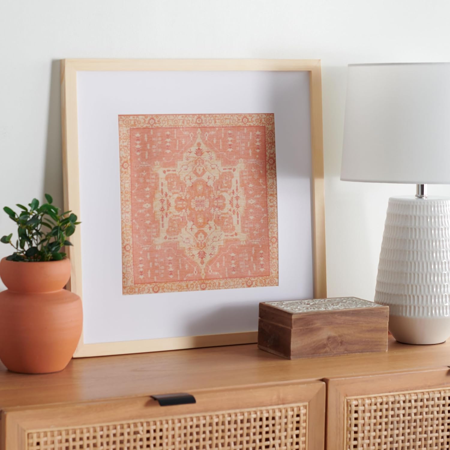 SAFAVIEH Home Collection Ishtar Terracotta 18-inch Square Medallion Wood Framed Textile Wall Art for Bedroom, Living Room, Foyer, Dining Area, Entryway