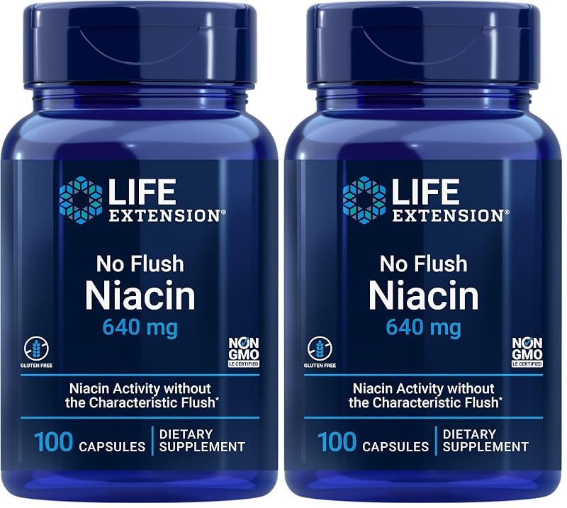 Life Extension No Flush Niacin — suplemento de vitamina B3 (niacina) com inositol hexanicotinato 640 mg, 200 cápsulas