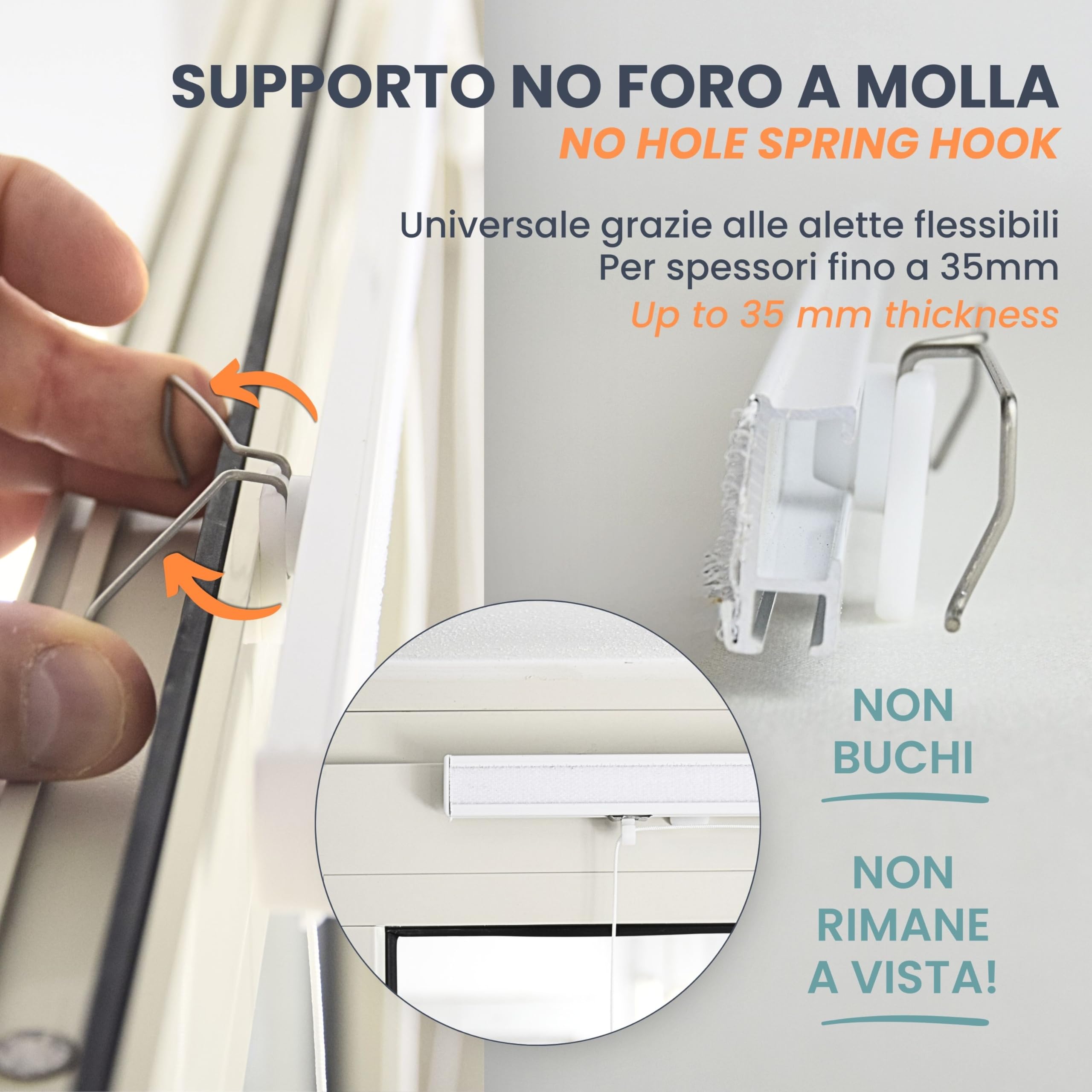 TENDAGGIMANIA Ganci No Foro per Tende a Pacchetto Universale su Tutti Gli INFISSI - Ganci per Tende Senza bucare Attacco Invisibile con Alette Flessibili e Biadesivo - 4 PZ