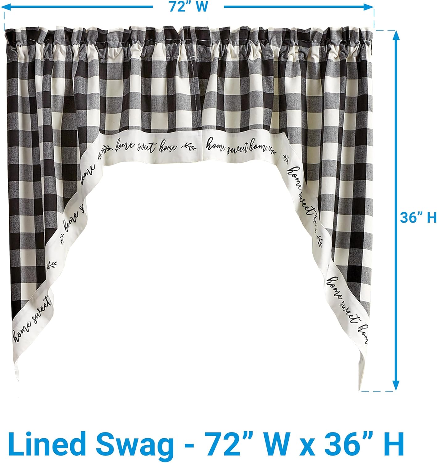 Park Designs Buffalo Check Lined Swags - Black & Cream | 72" x 36" | Lined Country Window Curtain Pair | Farmhouse Kitchen Drapes | Cotton Rod Pocket Panels