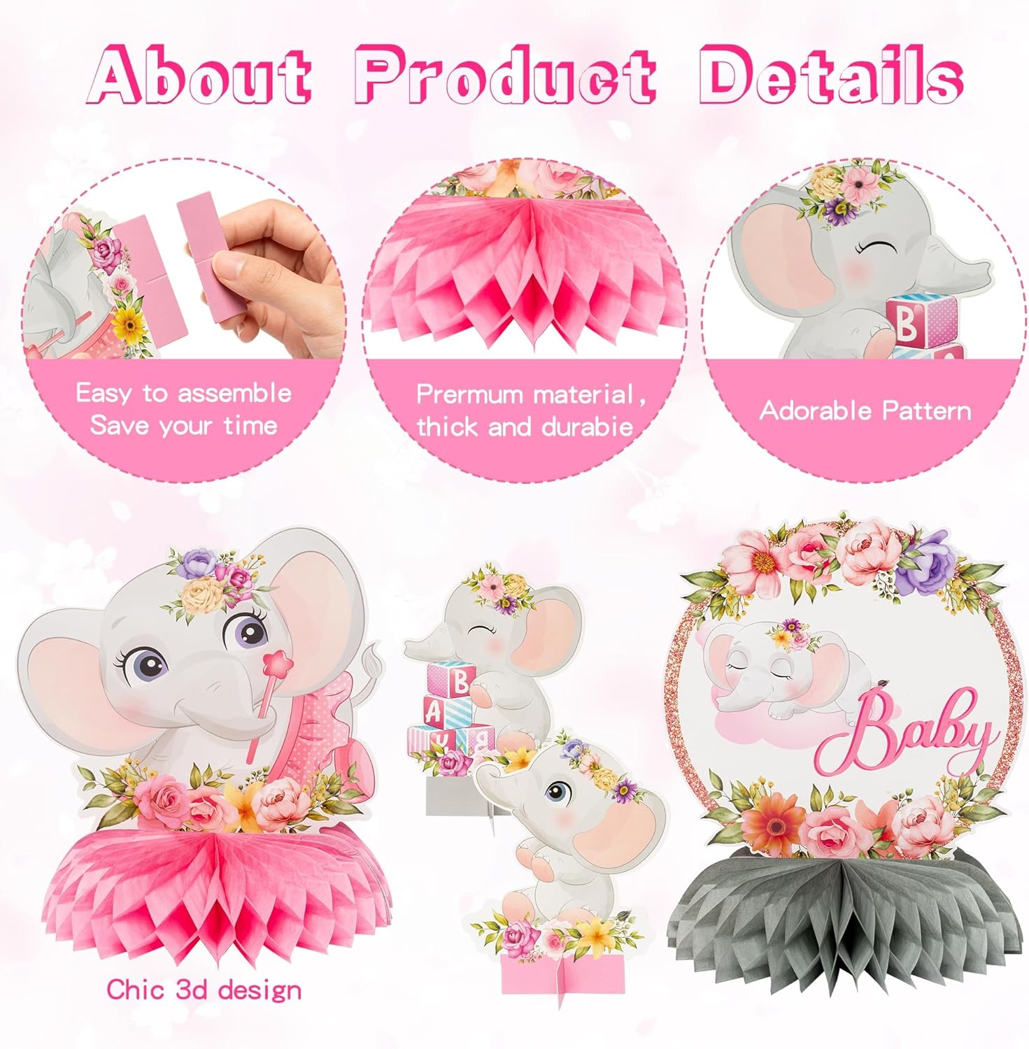 12Pcs Pink Floral Elephant Honeycomb Table Centerpieces It's a Girl Baby Shower Table Toppers Elephant Gender Reveal Party Decor Welcome Baby Girls Photo Props Party Supplies for Birthday Baby Shower
