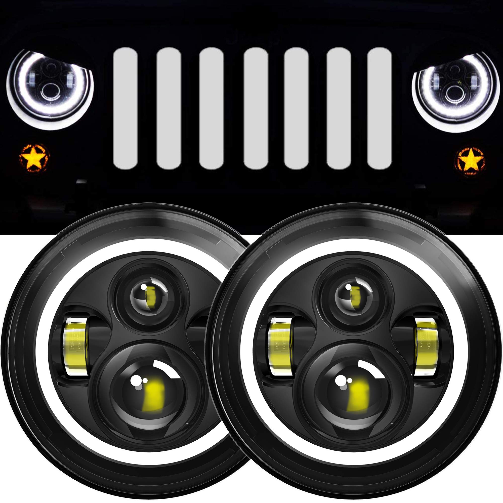 H6024 7" Round LED Headlights for Wrangler 2pcs 60W Halo Headlight Angel Eye Ring DRL & Amber Turn Signal Lights High/Low Beam For Wrangler JK LJ CJ Hummer H1 H2 Mazda Miata Rover Defender VW beetle