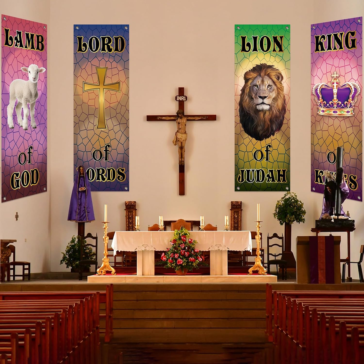 4Pcs Church Banners for Sanctuary Wall Welcome Religious Lion King Lord Lamb Banners Hanging Backdrop Crack Pattern Church Banner Scripture Bible Verse Exquisite Banner for Holiday Sunday School Decor