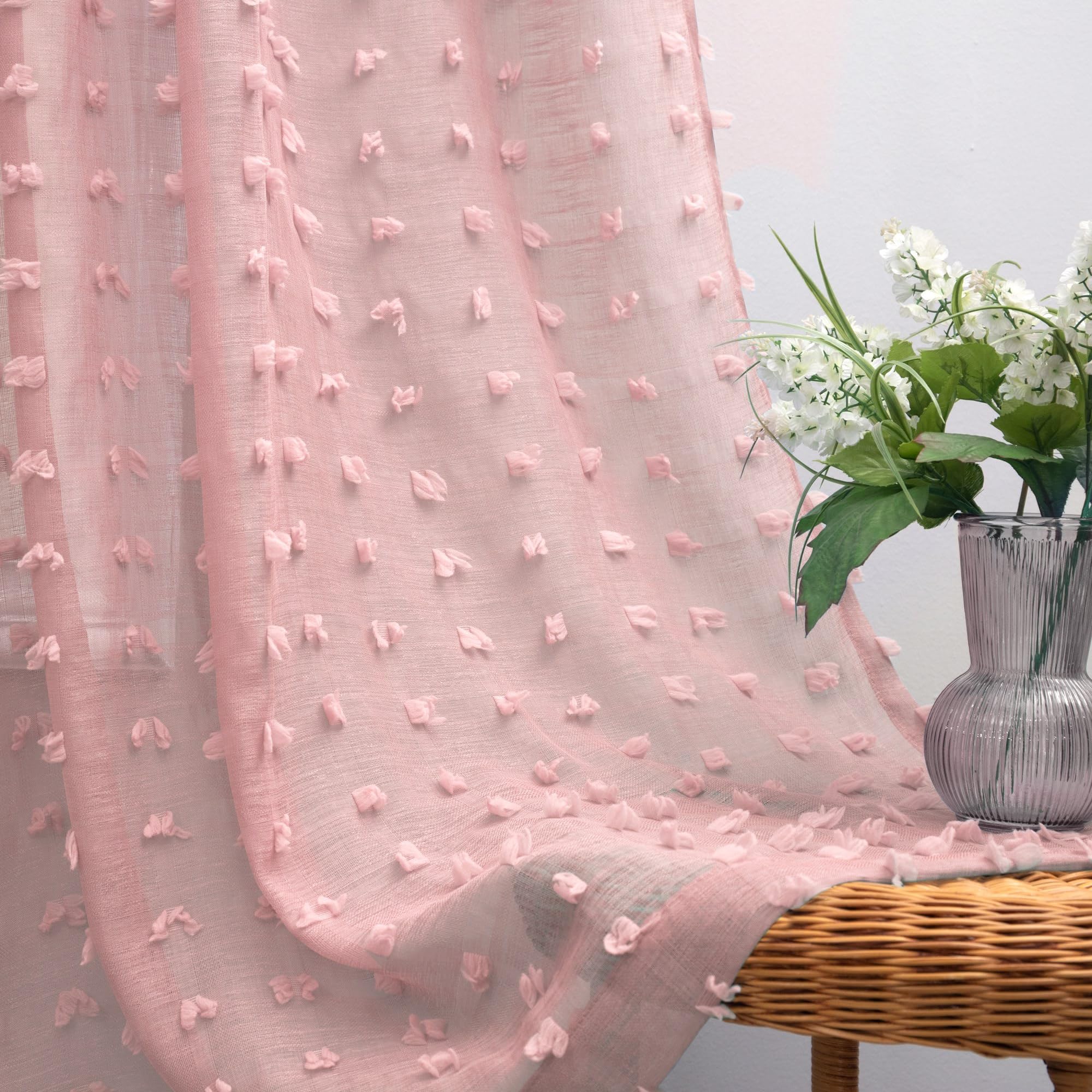 KOUFALL Sheer Curtains 84 Inches Long for Living Room 2 Panels Set Pom Pom Boho Voile Curtain for Bedroom 52x84 Inch Length, Blush Pink โ image 1