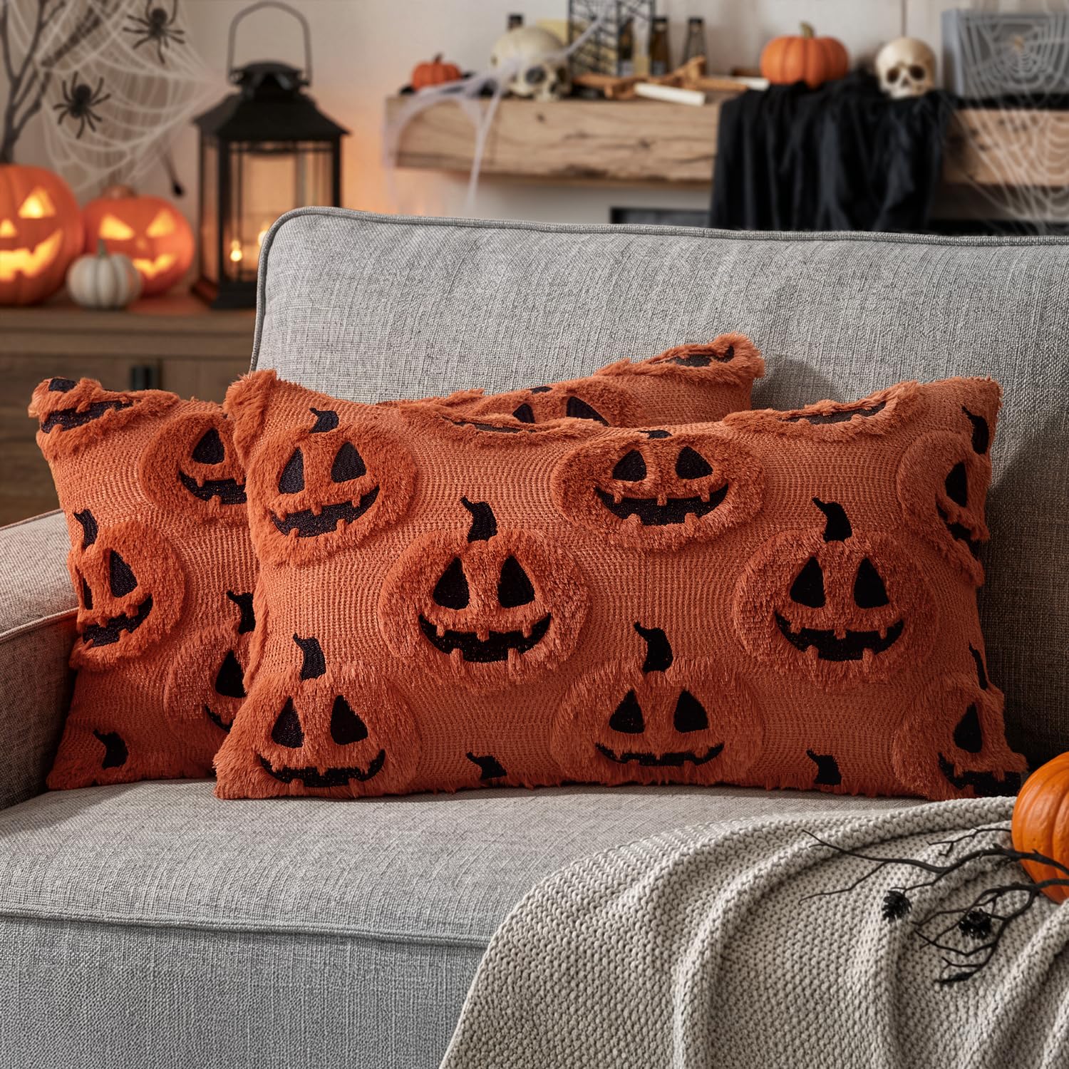 MIULEE Halloween Cushion Covers Sofa 30 x 50 cm Decorative Cushion Covers Scary Pumpkin Black Caramel Polyester for Sofa Bed Chair Set of Cushion Covers for Festival Horror Atmosphere