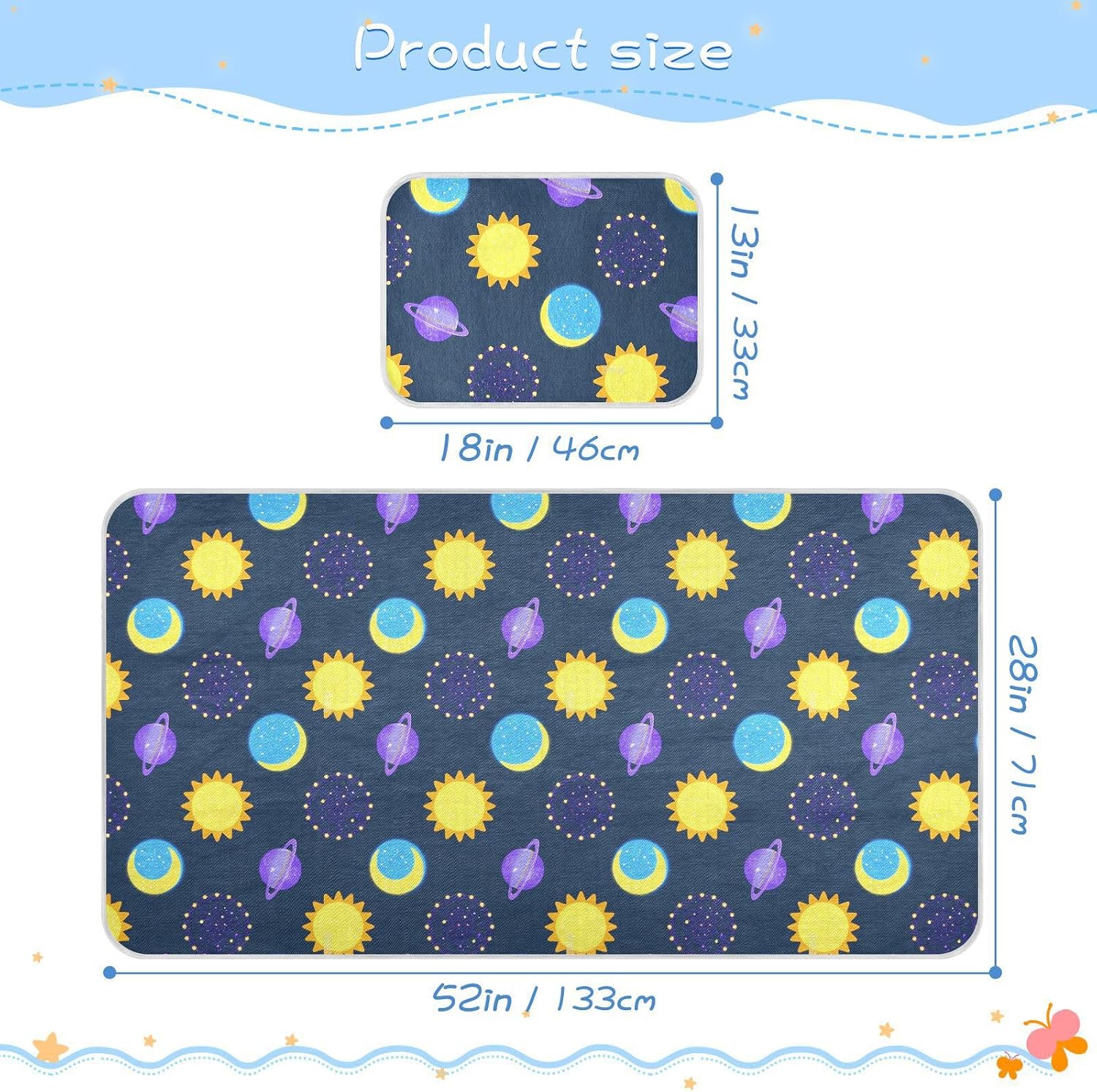 Fake Glitter Cartoon Universe Sun Moon Cooling Baby Crib Mattress 28" x 52" Reusable Pads for Bed for Baby&Toddler