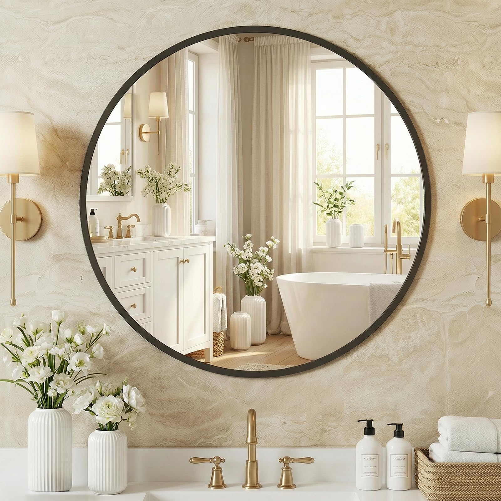 Round Metal-Framed Wall Mirror - 20 Inch