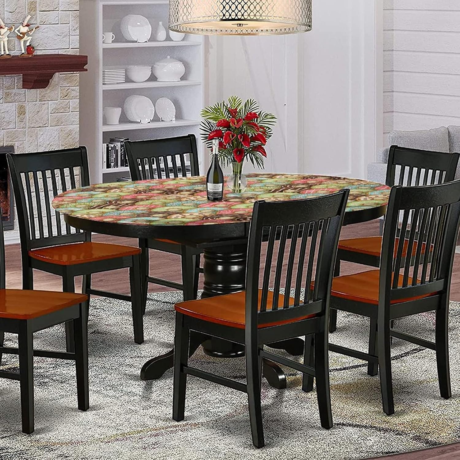 Oval Fitted Tablecloth, Watercolor Elastic Edged Polyester Table Cover, Sunset in Santorini Artwork in Painting style Print Fitted Table Pad, Fits Oval Tables up to 36" x 60", for Dining Room Kitchen