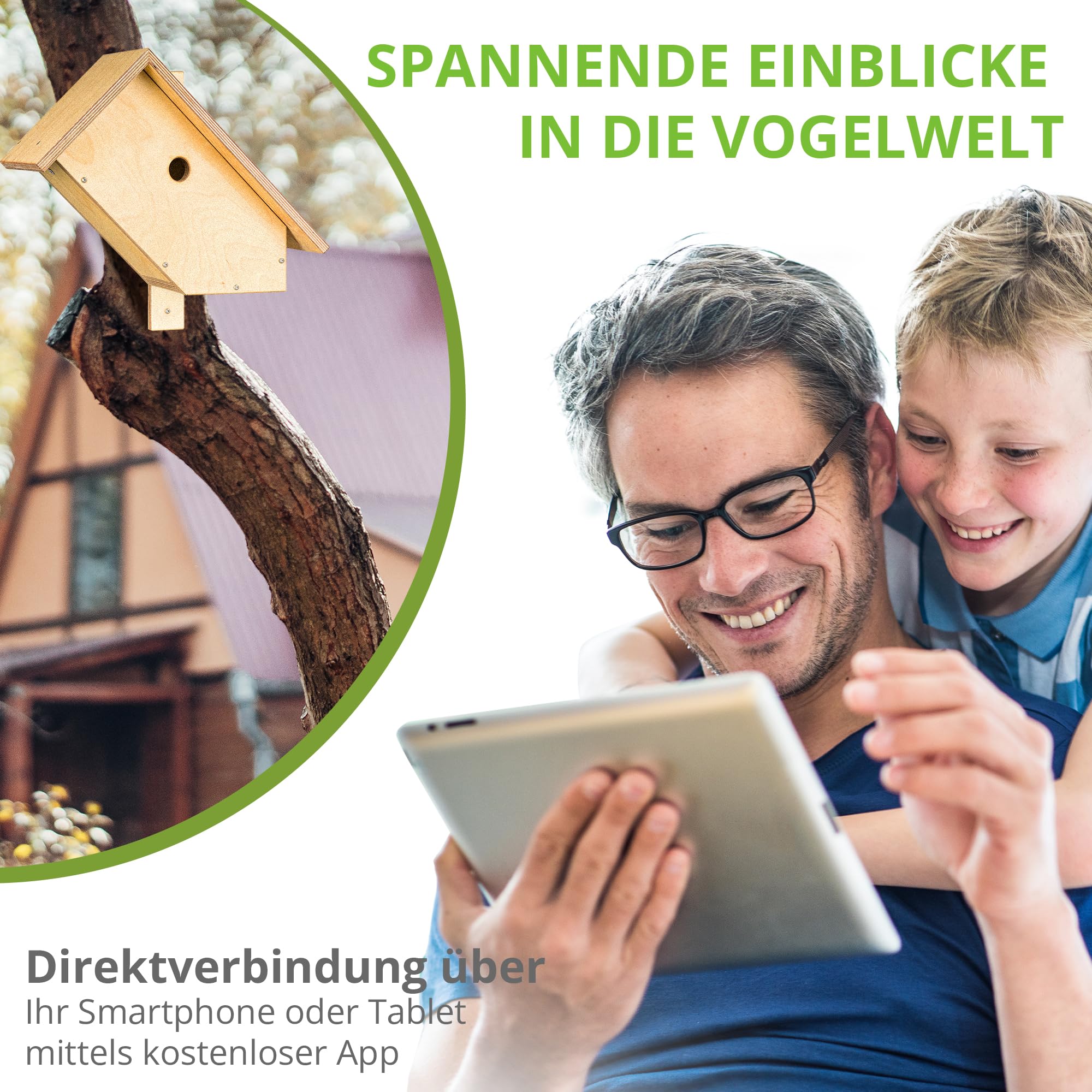 Nistkasten mit WLAN-Kamera. Autark & wetterfest, mit idealem Lichteinlass für störungsfreie Brut, mit HD Video, Ton, 64 GB Speicher, Infrarot LEDs, inkl. App für iOS & Android.