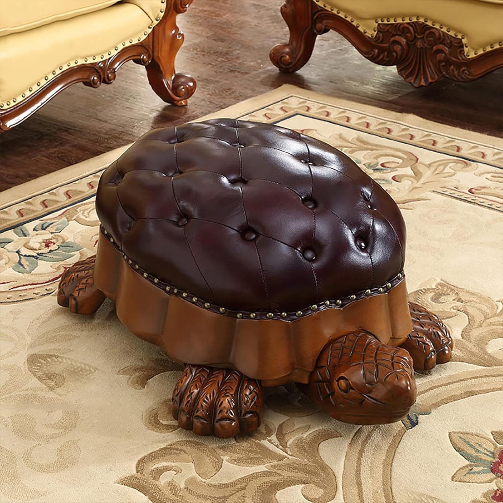Mescxty C Solid Wood Tortoise Foot Stool,Leather Upholstered Footrest,Ottoman Footstool Sofa Stool With Wheels,Vintage Shoes Bench Seat Hair For Living Room Bedroom,