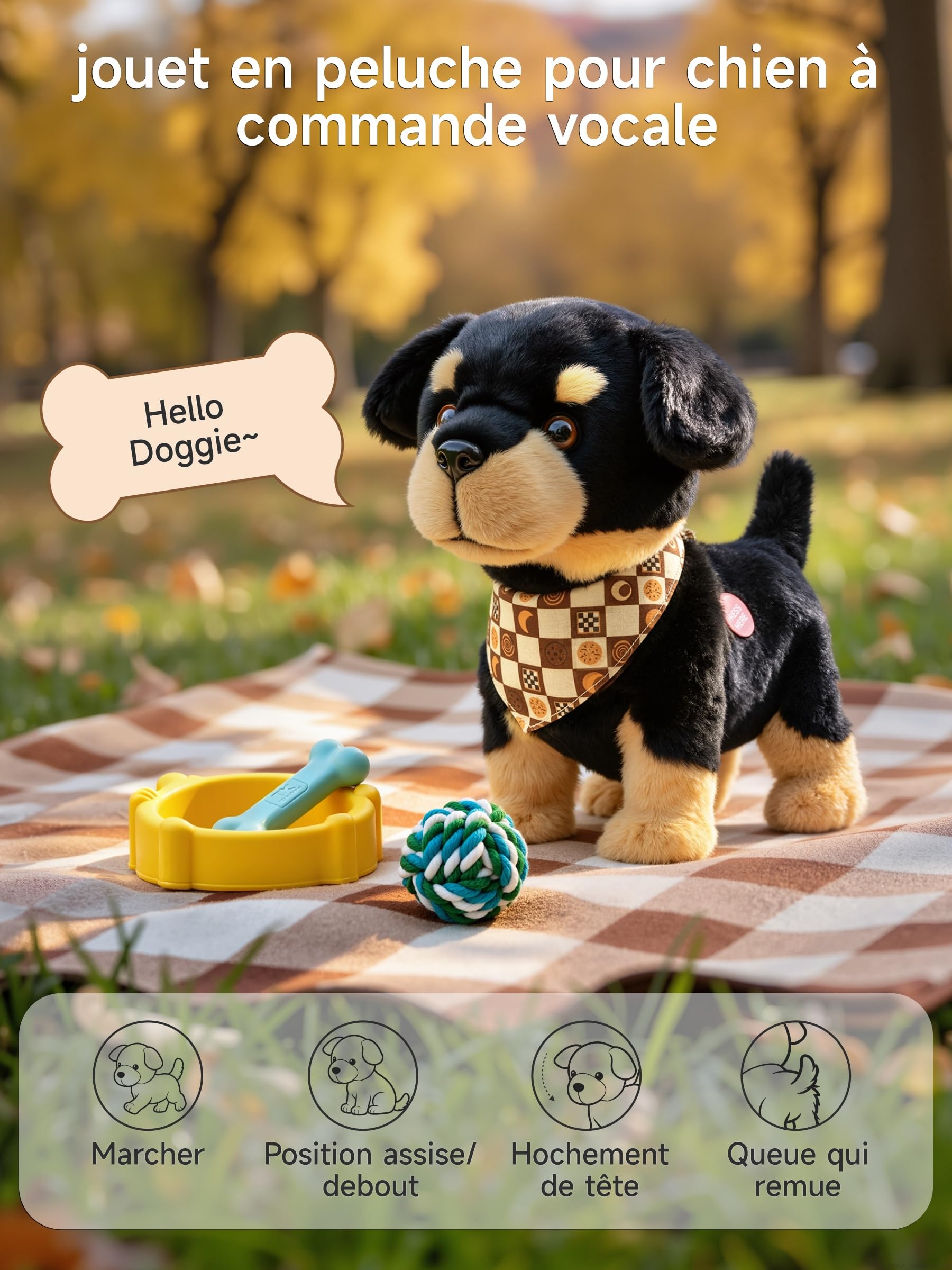 OR OR TU Commande Vocale Chien Jouet Enfant Peluche Chien | Rottweiler, Qui Chante, Aboie, Marche et s'assoit, Matière Douce pour la peau, pour les Enfants à Partir de 2 Ans