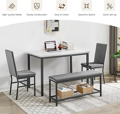 Miniatura 4 de Juego de mesa de comedor para 4, juego de mesa de cocina de mármol sintético de 47.2 pulgadas con sillas y banco tapizados de terciopelo, juego de