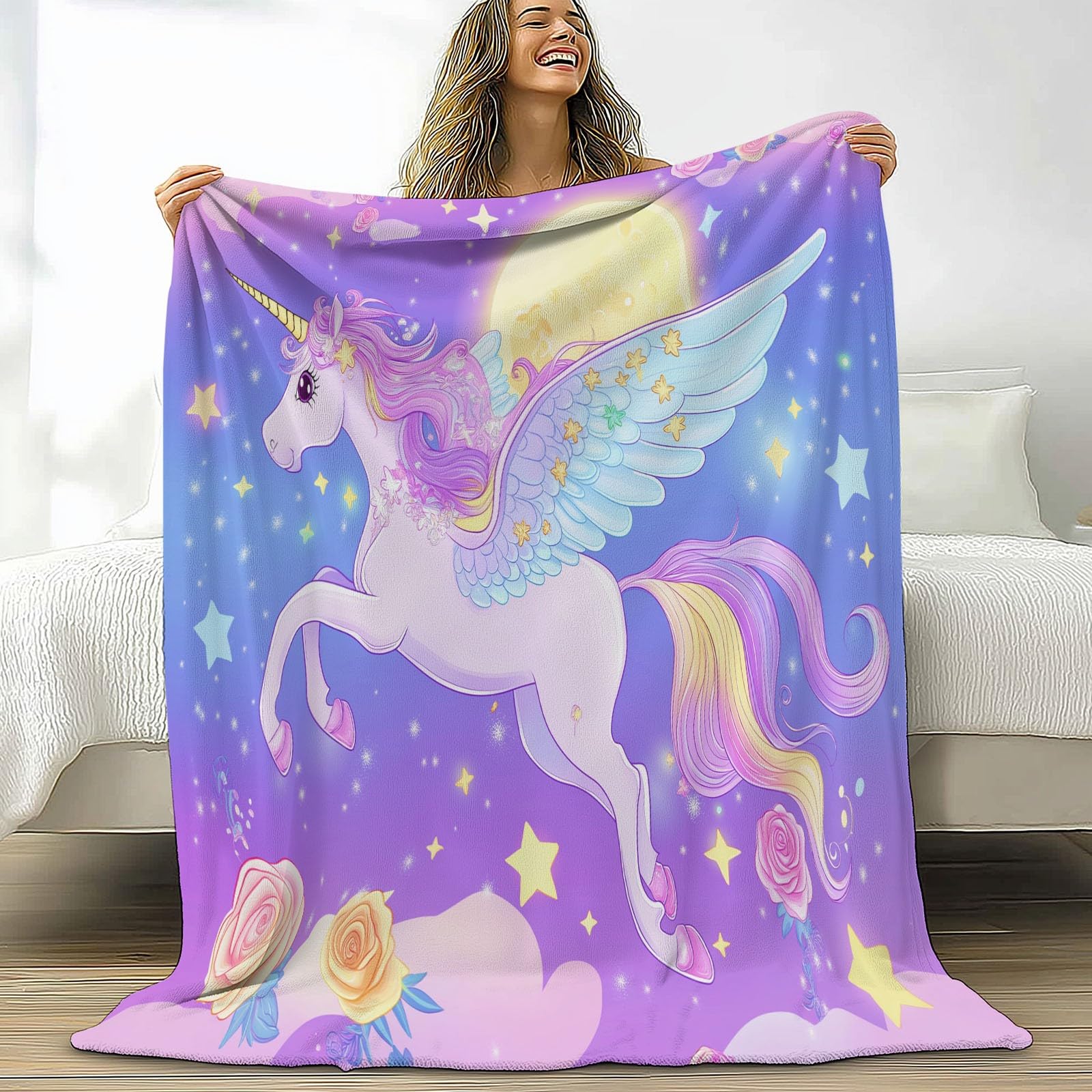 Spersonalizowany koc w rozmiarze king size, unikalne prezenty dla mamy, fantazyjne zwierzęta z kreskówki, jednorożec, miękki flanelowy nadruk, narzuta na sofę, podróż, niebiesko-fioletowy