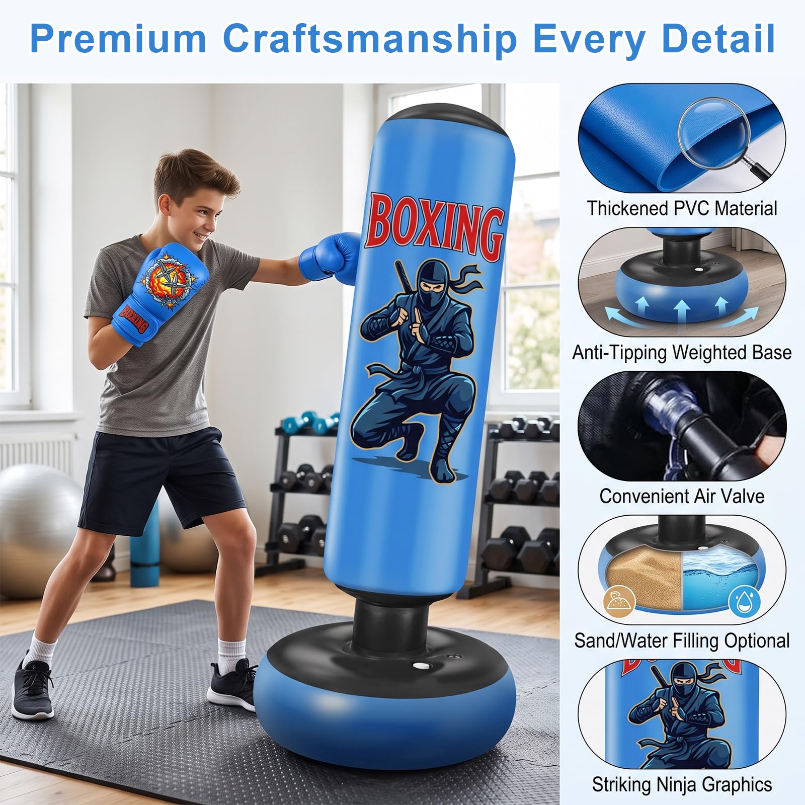 Ninonly Sacco da Boxe 165cm per Bambini Ragazzi con Guanti da Boxe e Pompa | Blu Sacco da Boxe da Terra per Karate MMA Kickboxing Taekwondo Muay Thai, PVC Resistente Punchball per Allenamento a Casa