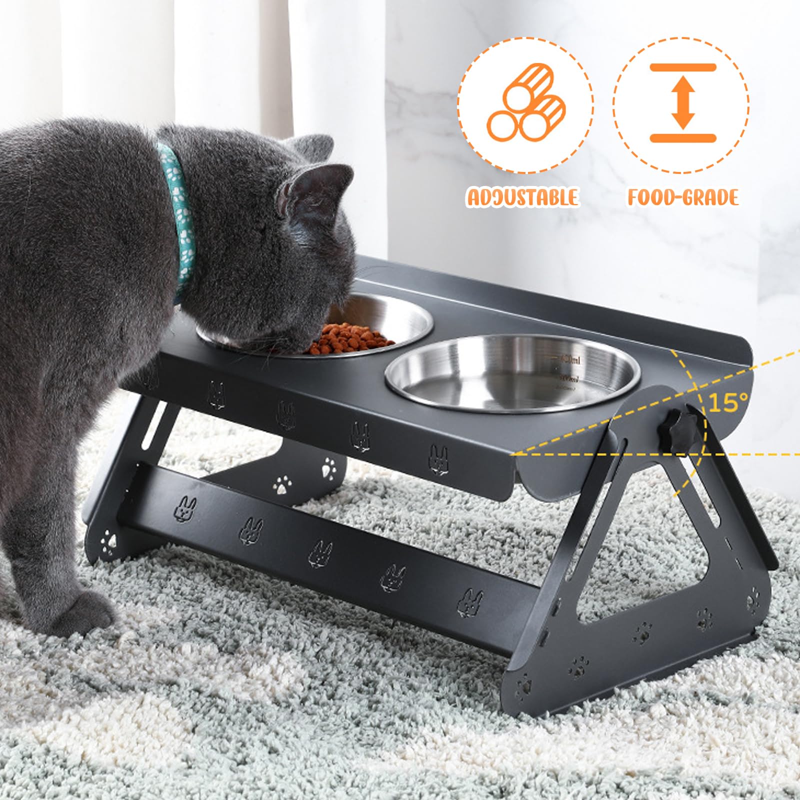 Ciotola rialzata per cani, gatti, in acciaio inox, supporto regolabile in altezza 8,5 – 16 cm, ciotola per gatti rialzata a 15°, mangiatoia con 2 grandi ciotole in acciaio inox per gatti e cani di