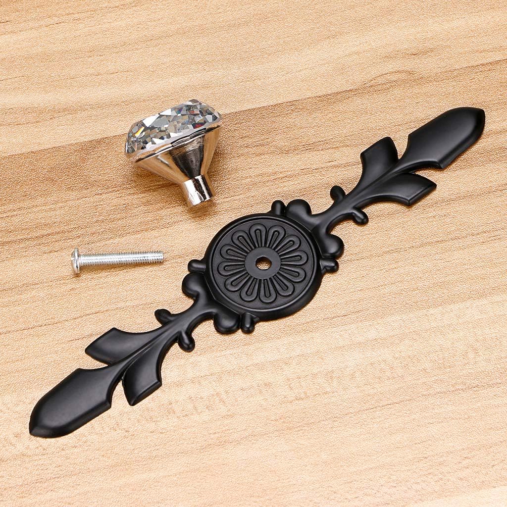 Sumnacon 5 Pcs 6.7" Drawer Dresser Knobs Pull Handles - Crystal Glass Diamond Decorative Knobs with Plate, Cabinet Cupboard Door Knobs with Screws for Kitchen Bathroom Office Decoration, Black