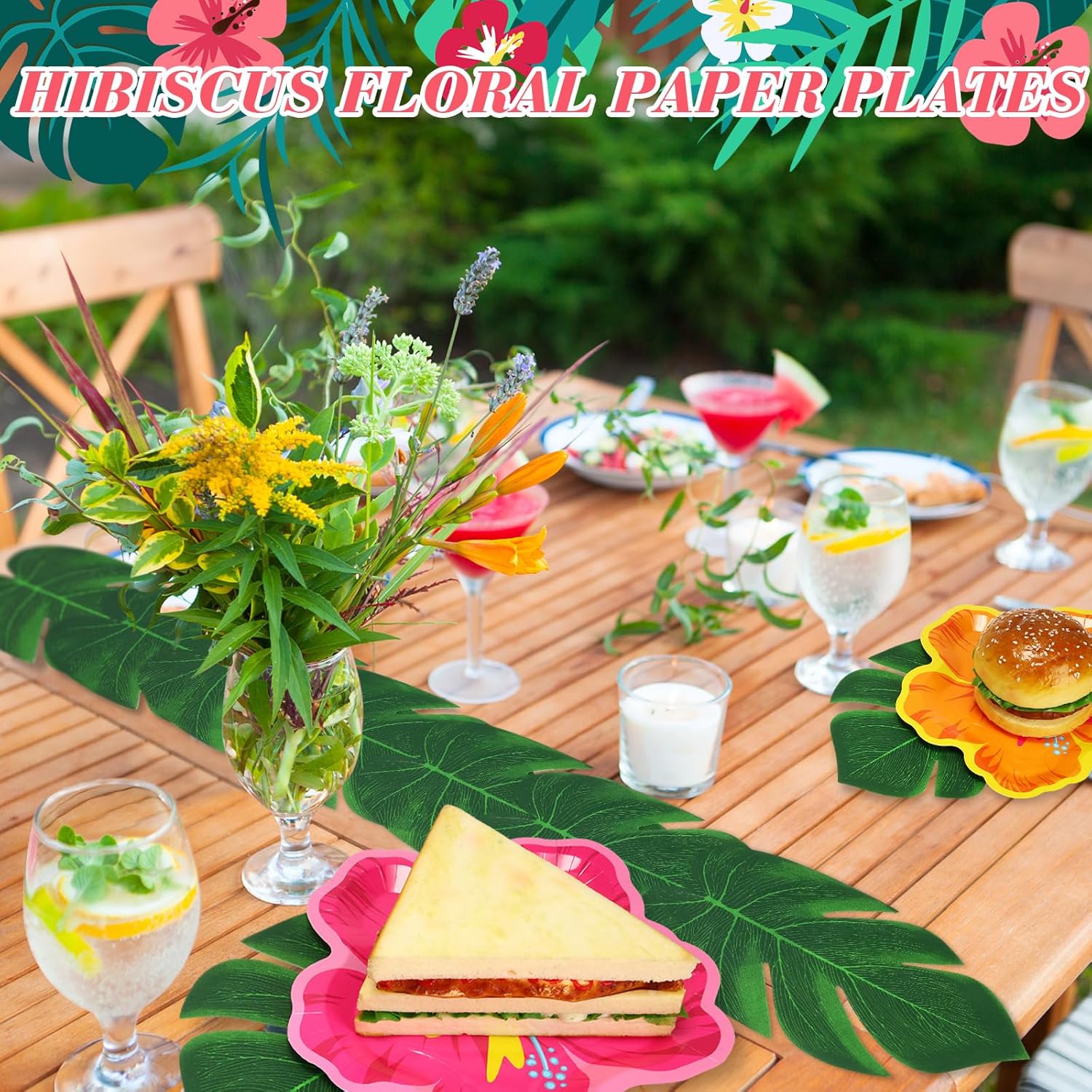Motipuns 200 Pcs Hibiscus Floral Paper Plates Bulk and Artificial Palm Leaves Luau Hibiscus Flowers Disposable Paper Plates Tropical Leaf Placemat Summer Hawaiian Safari Party Supplies Decoration