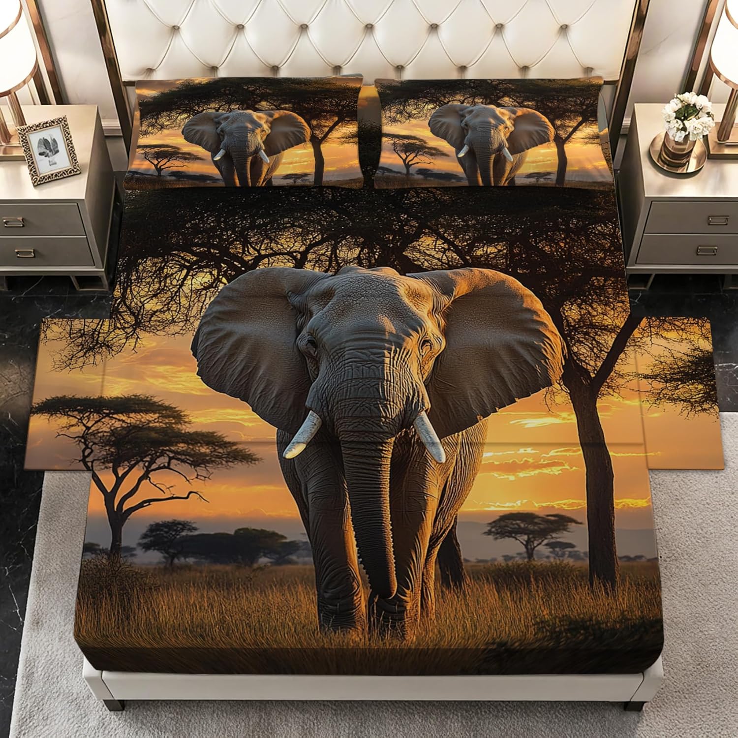 Elephant Sheets Queen Size - African Wildlife Sunset Bed Sheet Set - Deep Pocket Soft Microfiber Bedding Set 4 Piece - Fitted Flat Sheet Pillowcases - Elephant Bedroom Decor & Gifts