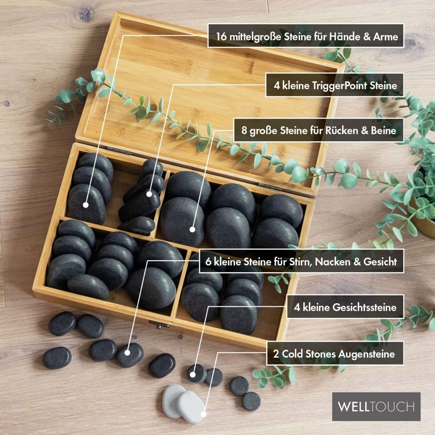 WellTouch Hot Stone Massage Steine Set | 40 Steine inklusive Cold Stones | Heiße Massagesteine aus Basalt | Mit dekorativer Bambuskiste | Wellness Wärme-Behandlung | Massagetherapie