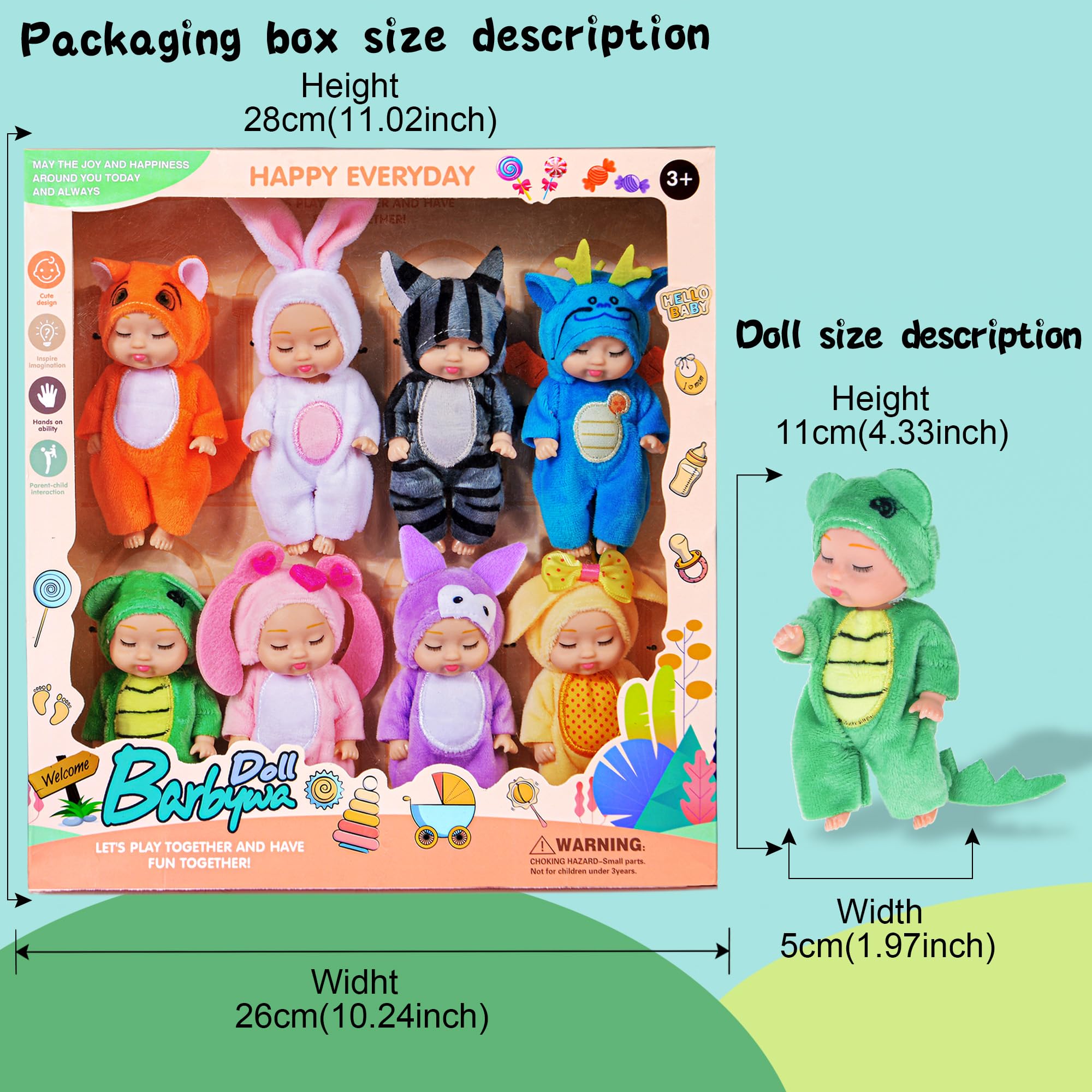Paquete de 8 mini muñecas de bebé, muñecas realistas con temática de animales de 4 pulgadas para niñas 2