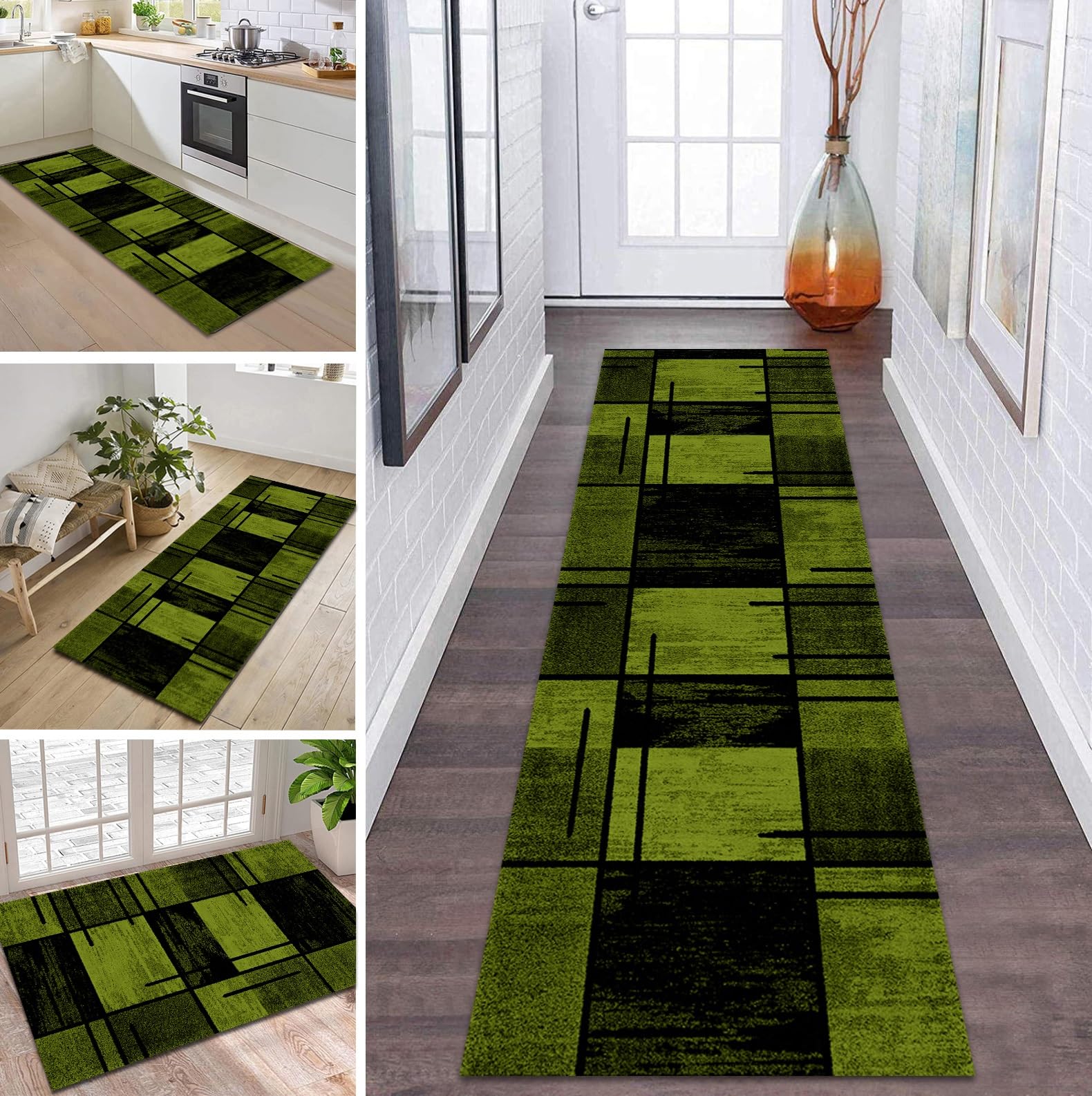 Tapis de couloir antidérapant et lavable grand format vert pour cuisine